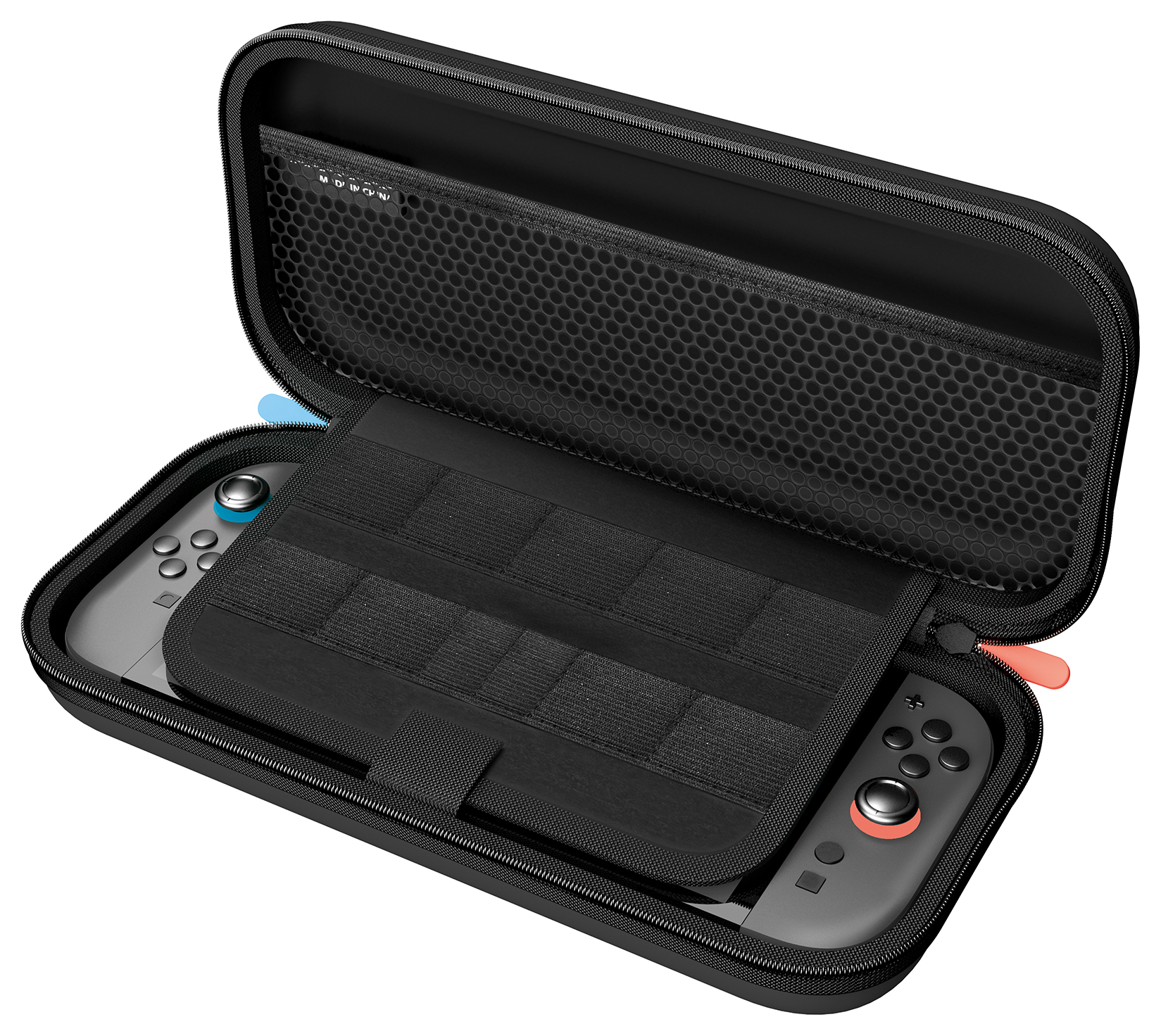 Estuche negro abierto con consola de juegos dentro. El estuche tiene un bolsillo de malla y una solapa central. Joy-Cons grises con botones de color.