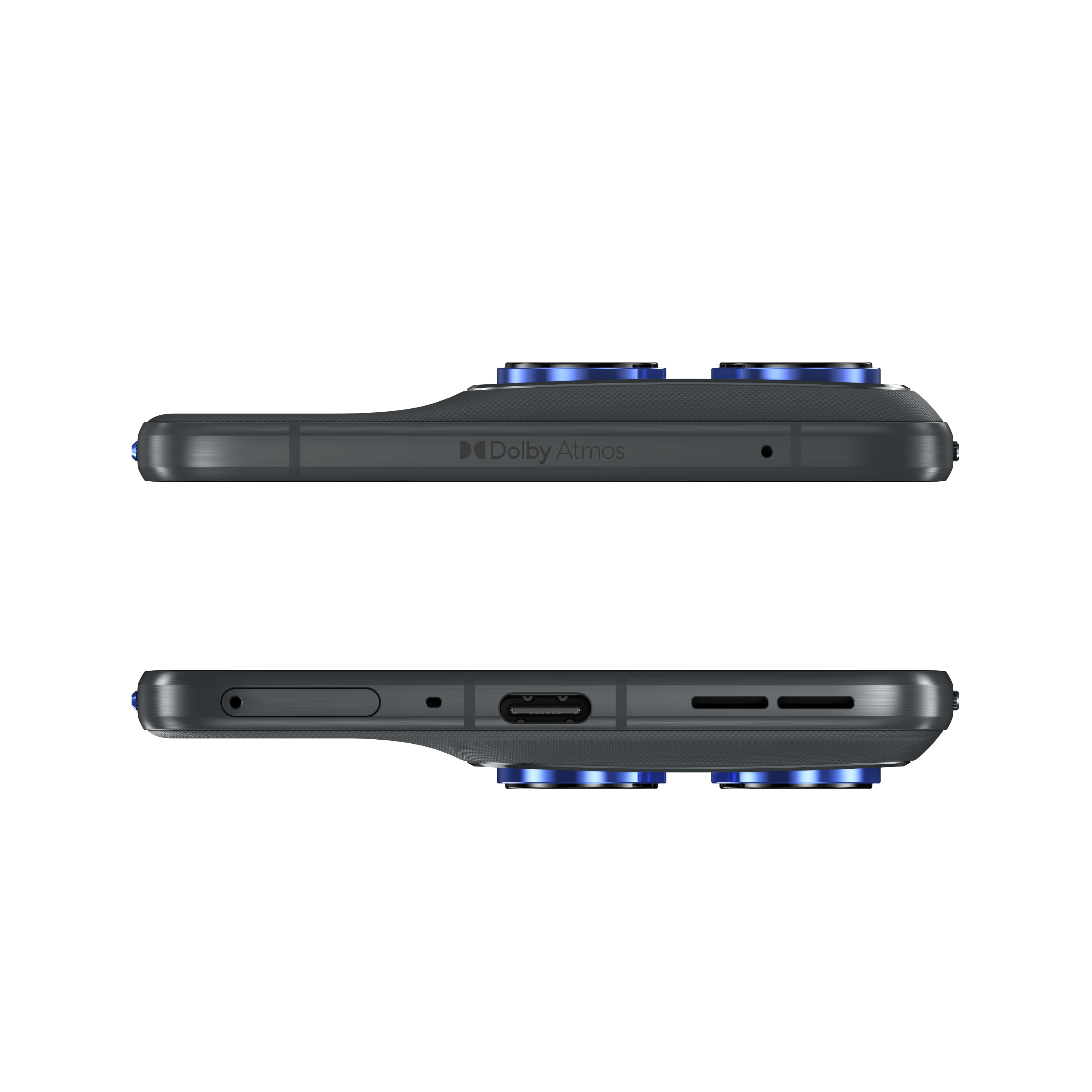El teléfono es negro. Tiene anillos de cámara azules y un logotipo de Dolby Atmos. Se muestra desde arriba y abajo.