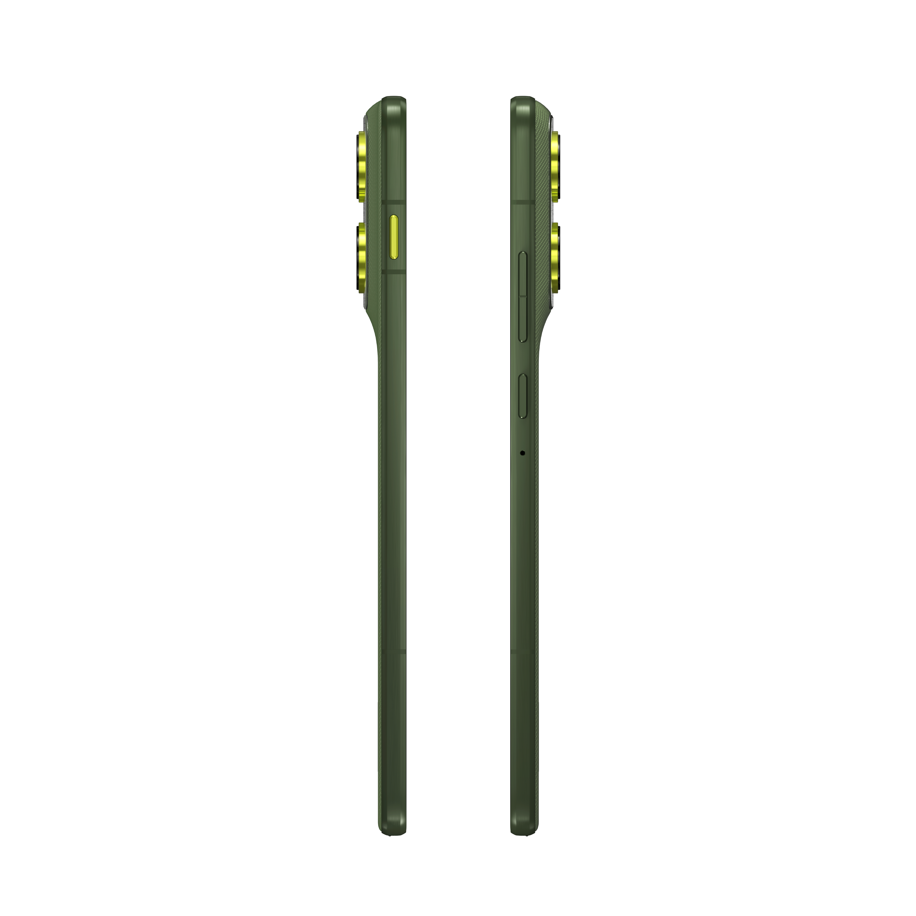 Dos smartphones verde oliva, vista lateral, sobre fondo blanco. Uno muestra lentes de cámara, el otro botones.