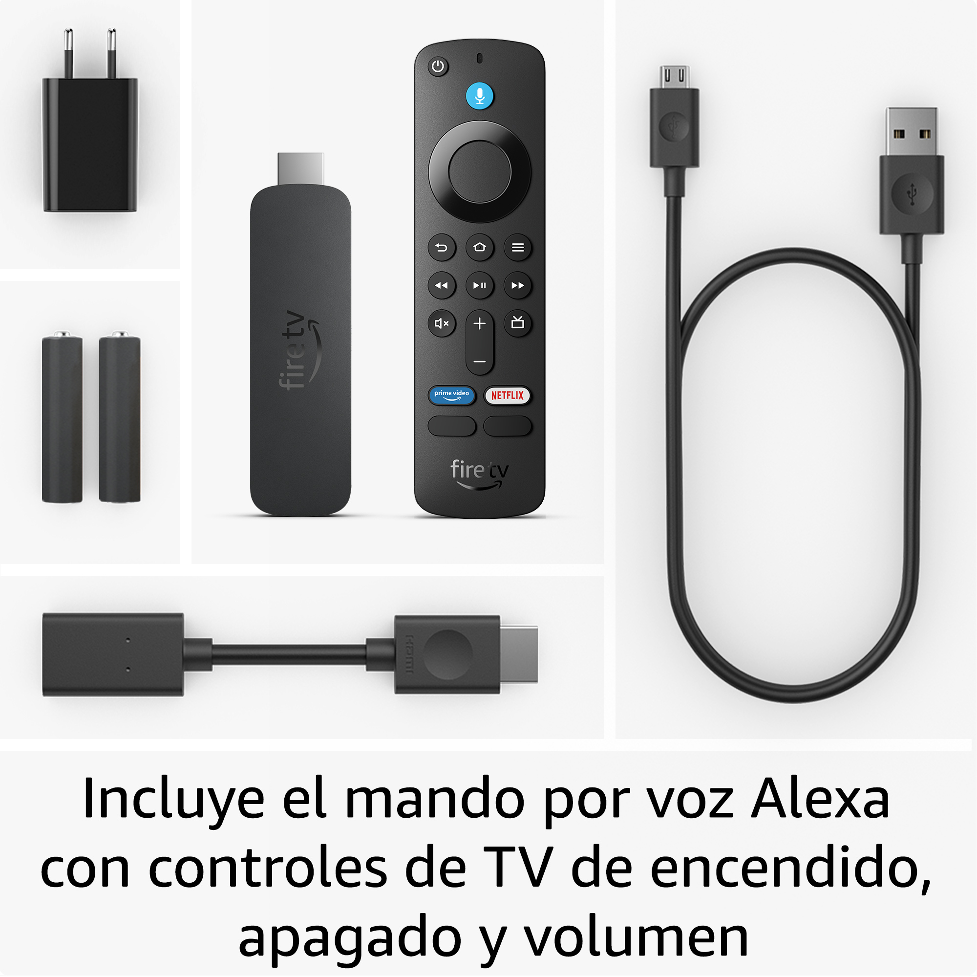 Imagen muestra componentes Fire TV: mando, stick, cargador, pilas, cables. Incluye mando por voz Alexa.