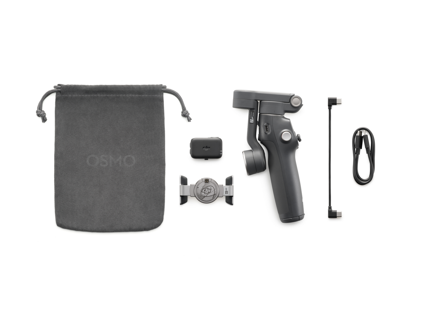 Gimbal móvil DJI Osmo y accesorios. Incluye una bolsa gris, cardán, cable de carga y otras piezas pequeñas.