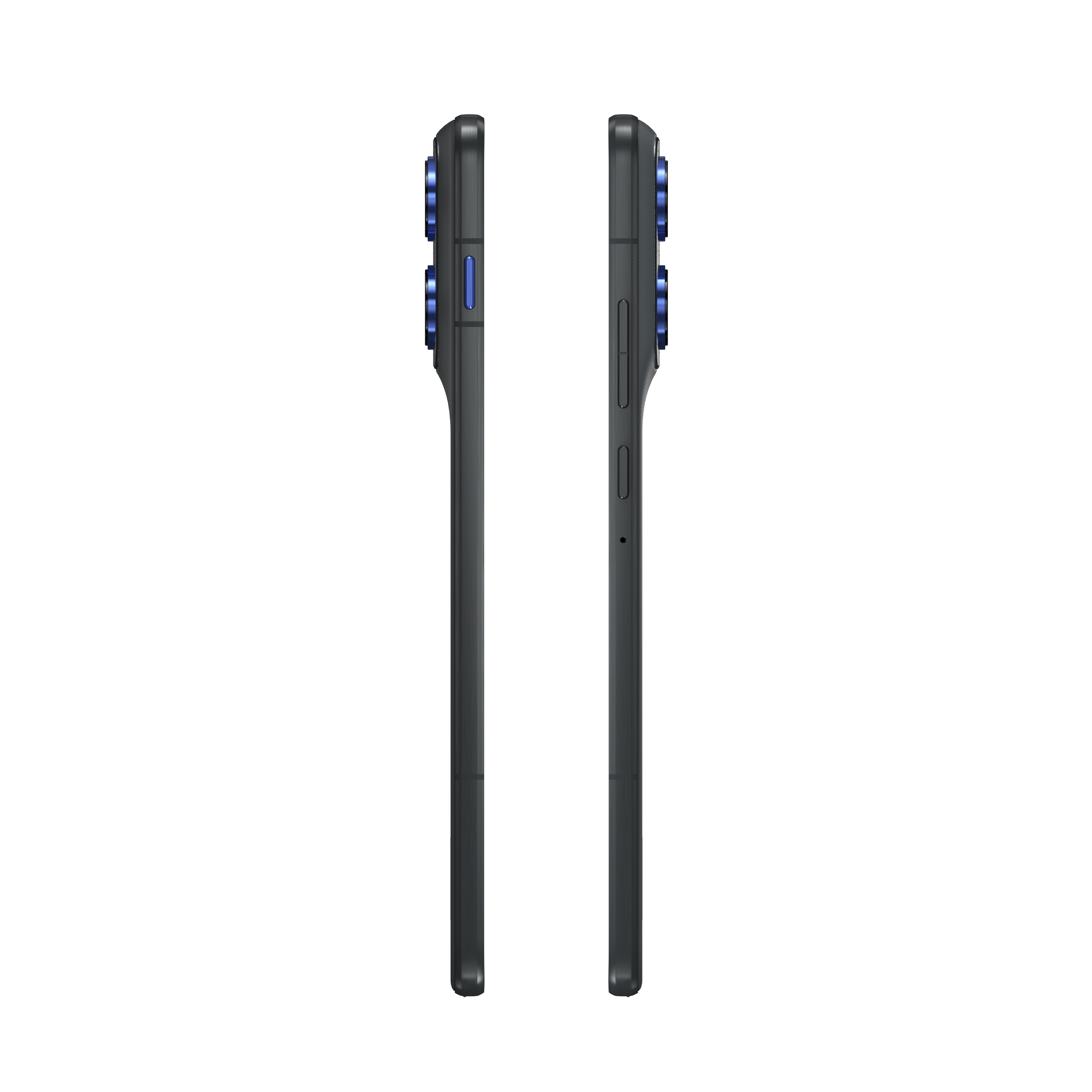 Dos smartphones negros con detalles de cámara azules se muestran uno al lado del otro sobre un fondo blanco.