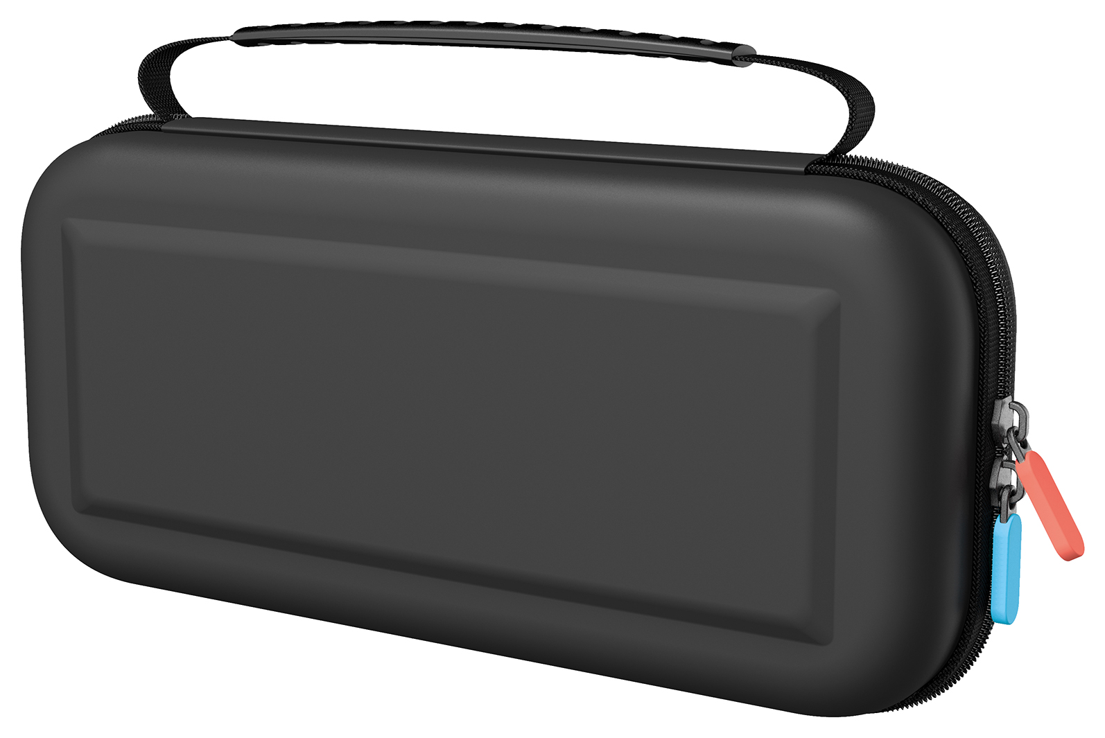 Estuche negro rectangular con asa. Cuenta con cremallera y tiradores rojo/azul.