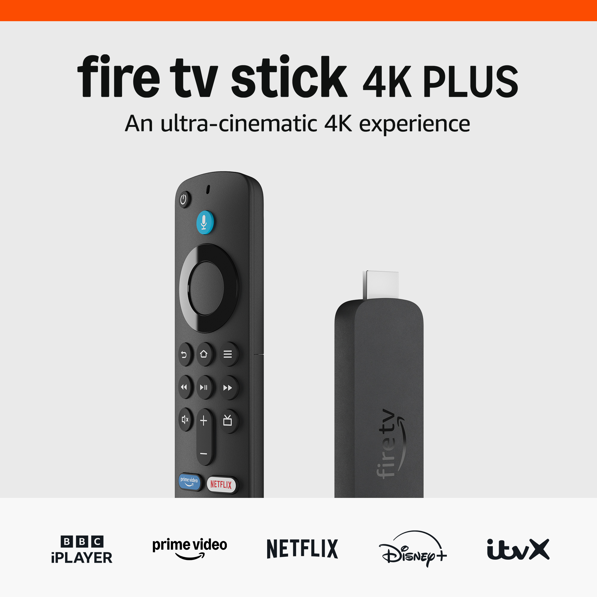 Imagen de un Fire TV Stick y mando negros. Logotipos de servicios de streaming en la parte inferior.