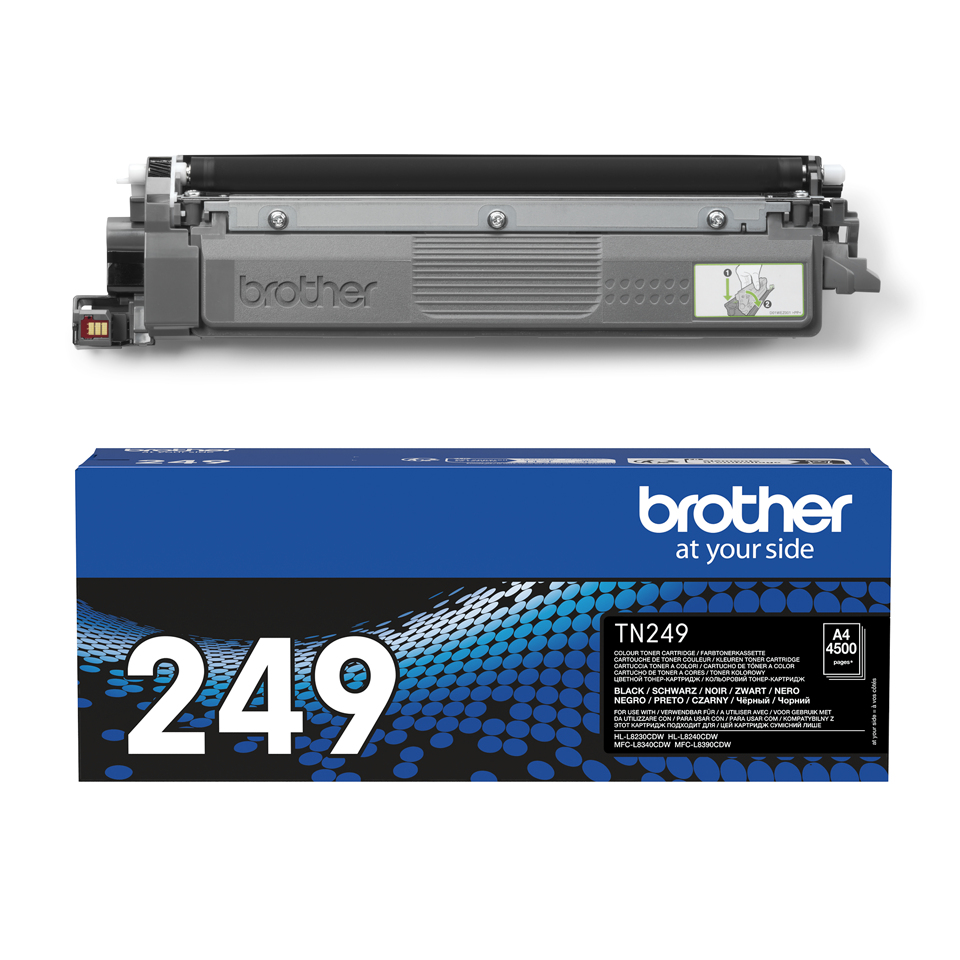 Cartucho de tóner Brother TN249 y caja. La caja es azul con puntos blancos y azules.