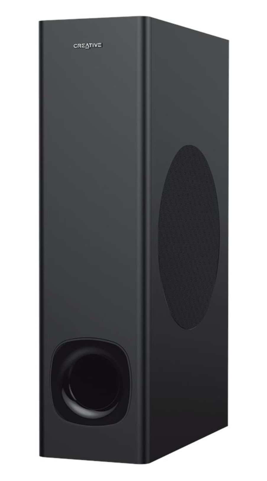 Un subwoofer negro con la marca 'CREATIVE'. Tiene una cubierta de altavoz redonda en el lateral y un puerto en la parte delantera.