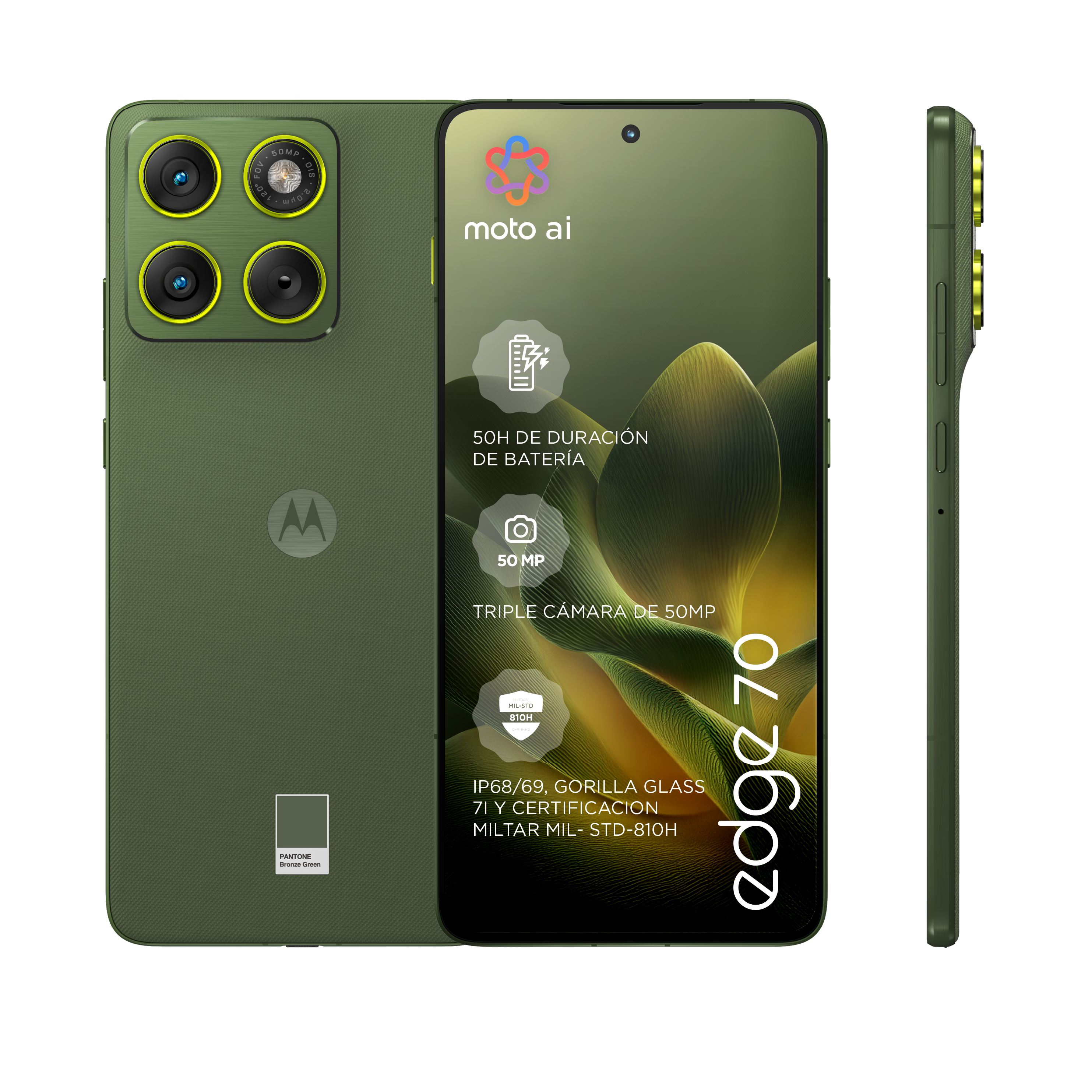 Se muestra un teléfono Motorola Edge 70 verde desde múltiples ángulos, destacando sus características y especificaciones.