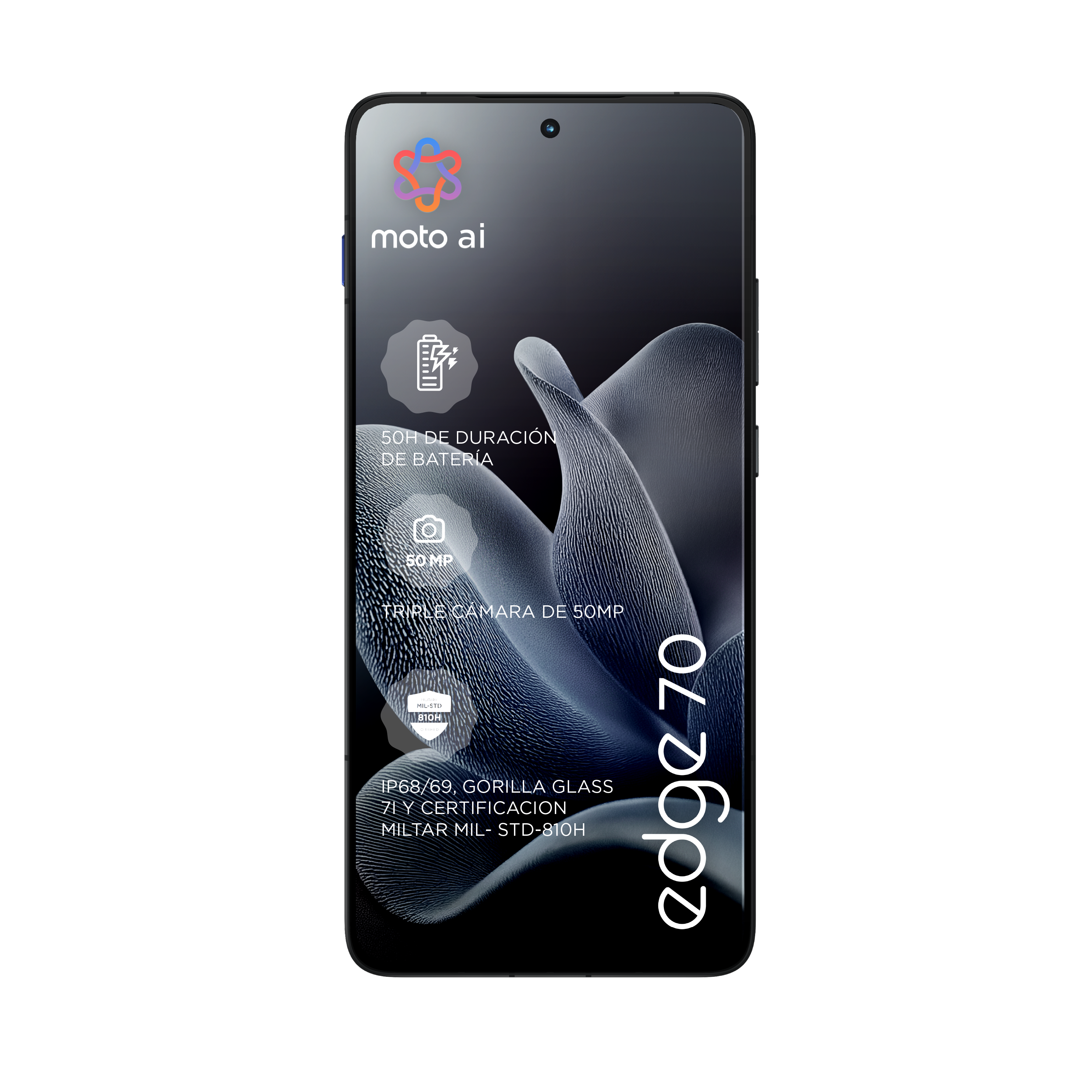 Un smartphone negro muestra características: batería de 50h, cámara triple de 50MP, Gorilla Glass y certificación militar.