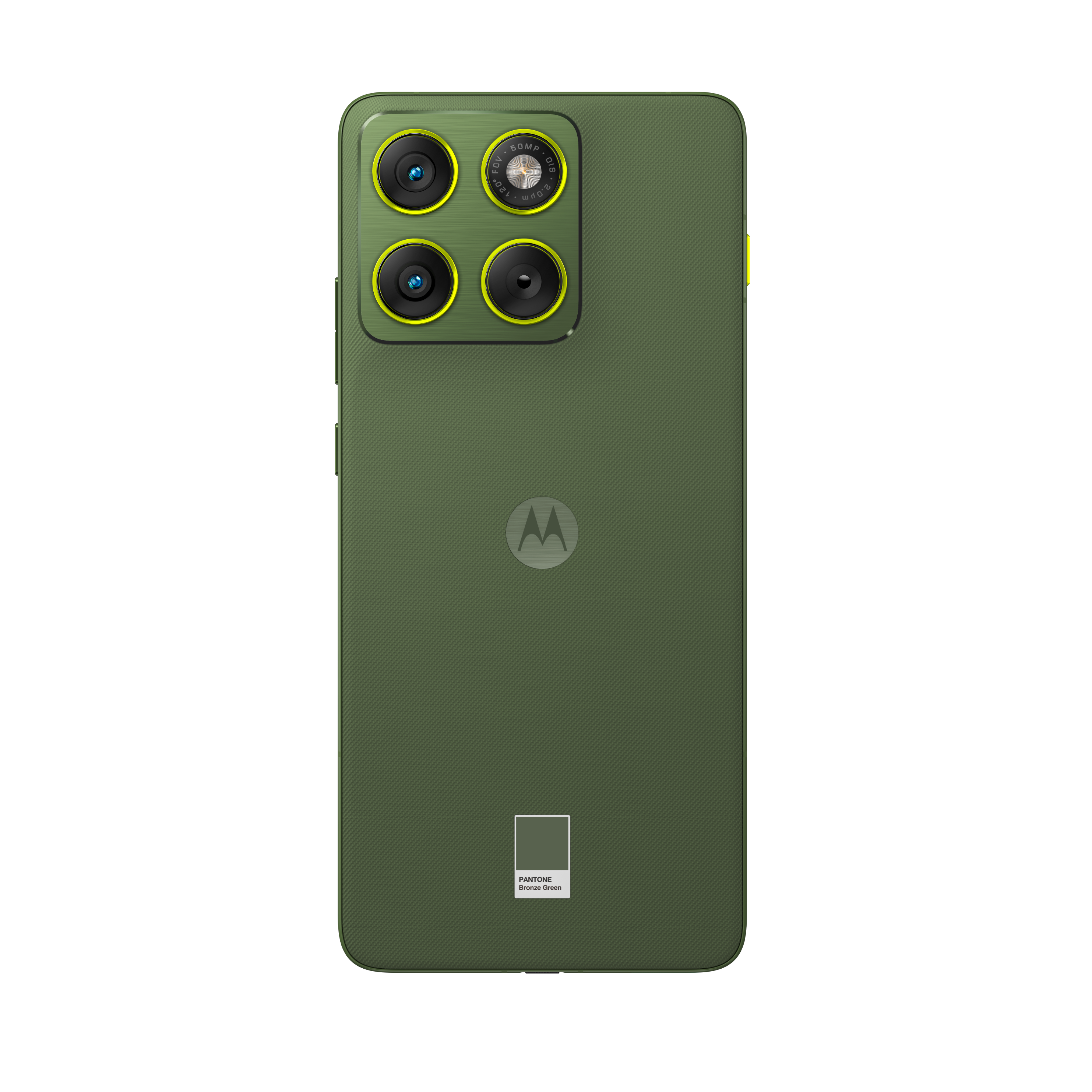 Smartphone verde con conjunto de cámaras y logo Motorola. Tiene color Pantone Verde Bronce.