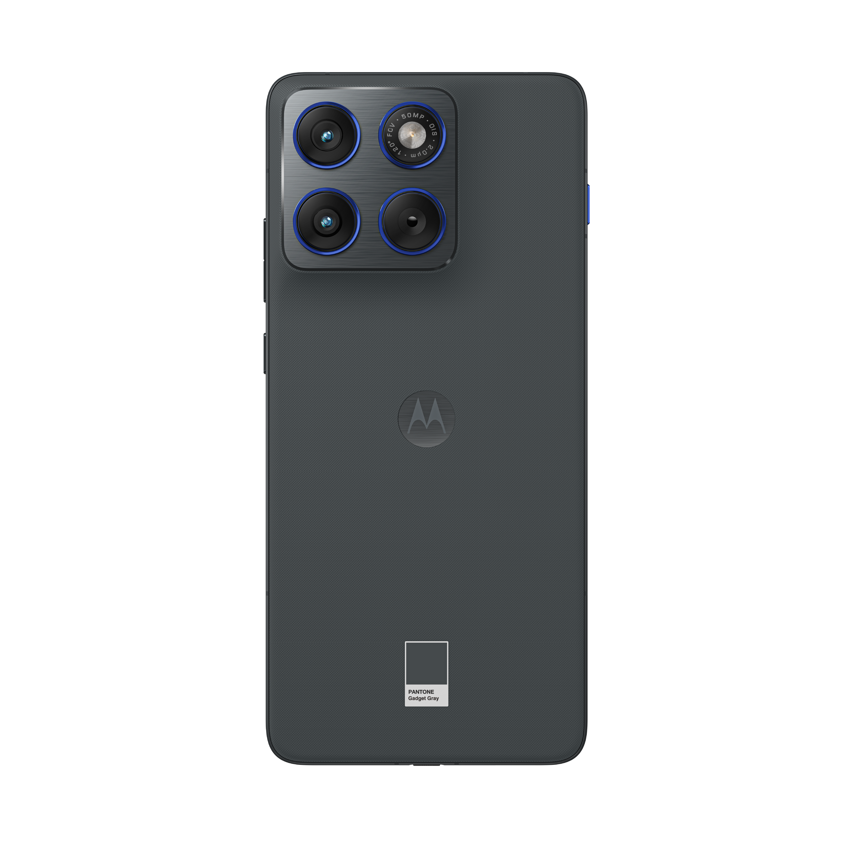 La parte trasera de un smartphone gris. Tiene una configuración de cámara cuádruple y el logotipo de Motorola. El color es Pantone Gadget Gray.
