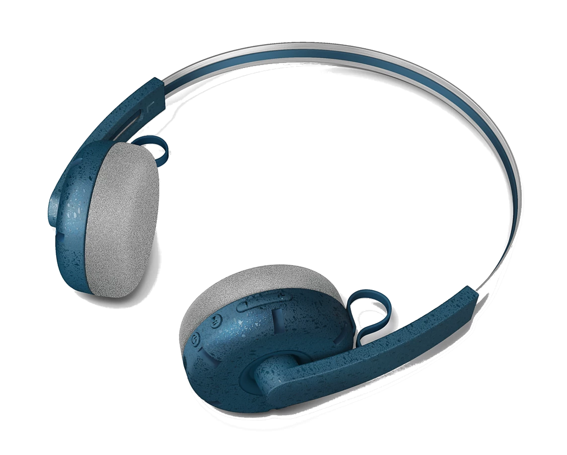 Niebieskie i szare słuchawki na czarnym tle. Nausznik są szare z niebieskimi akcentami. Opaska jest niebieska i srebrna.