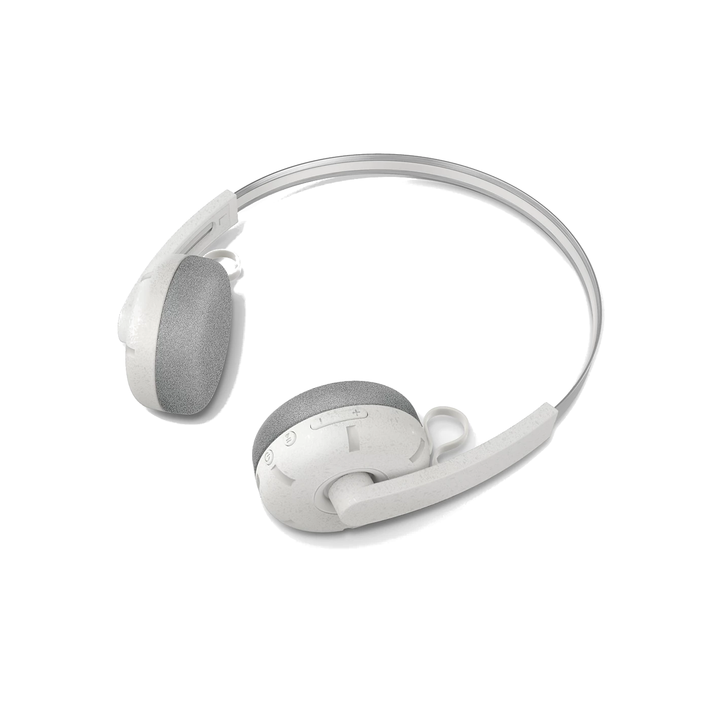 Białe i szare słuchawki na czarnym tle. Słuchawki są otwarte, pokazując nauszniki i pałąk.