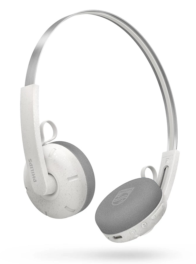 Białe słuchawki Philips z szarymi nausznikami i srebrnym pałąkiem, na białym tle.