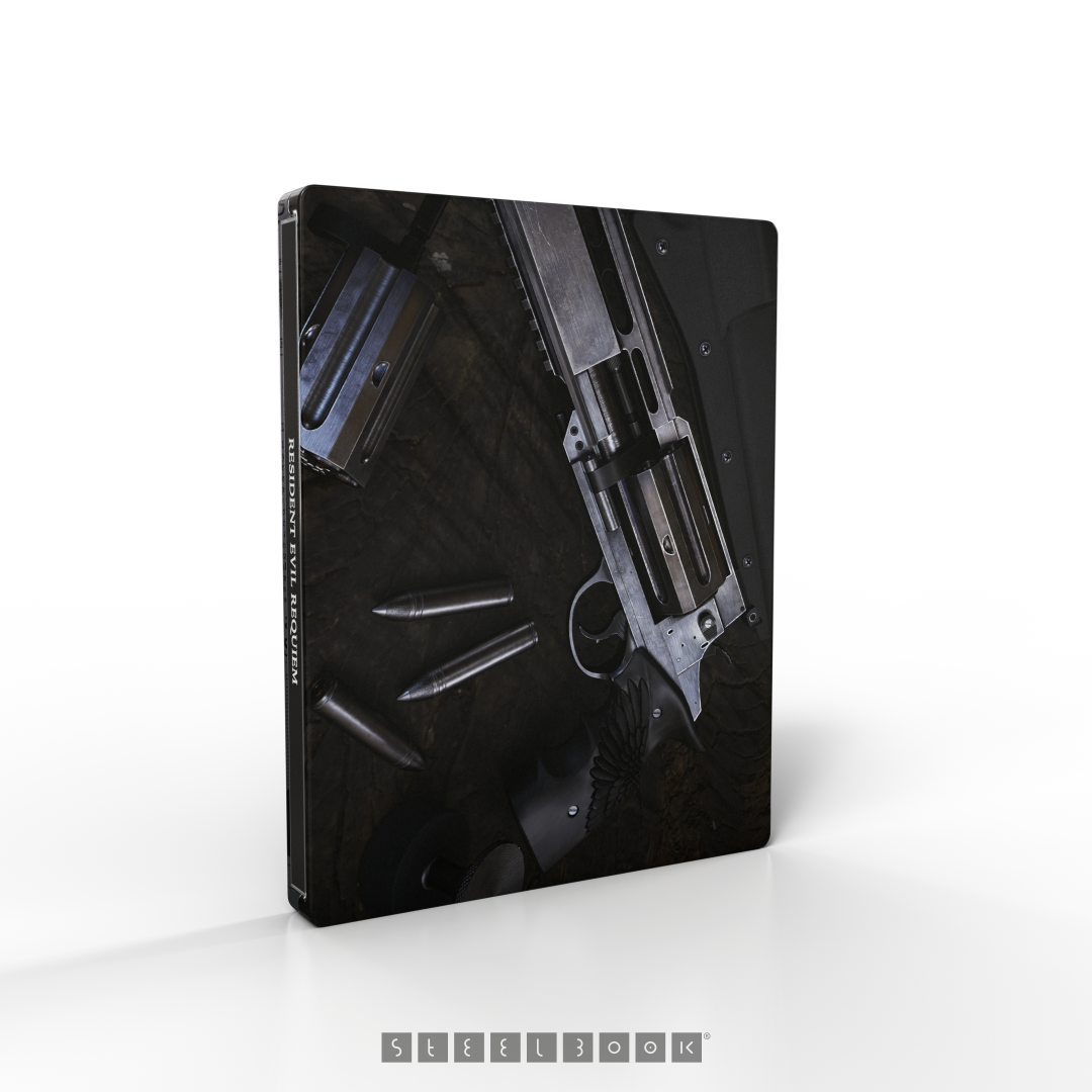 Okładka Steelbook z rewolwerem, kulami i magazynkiem. Tekst 'Resident Evil Requiem' jest na grzbiecie.