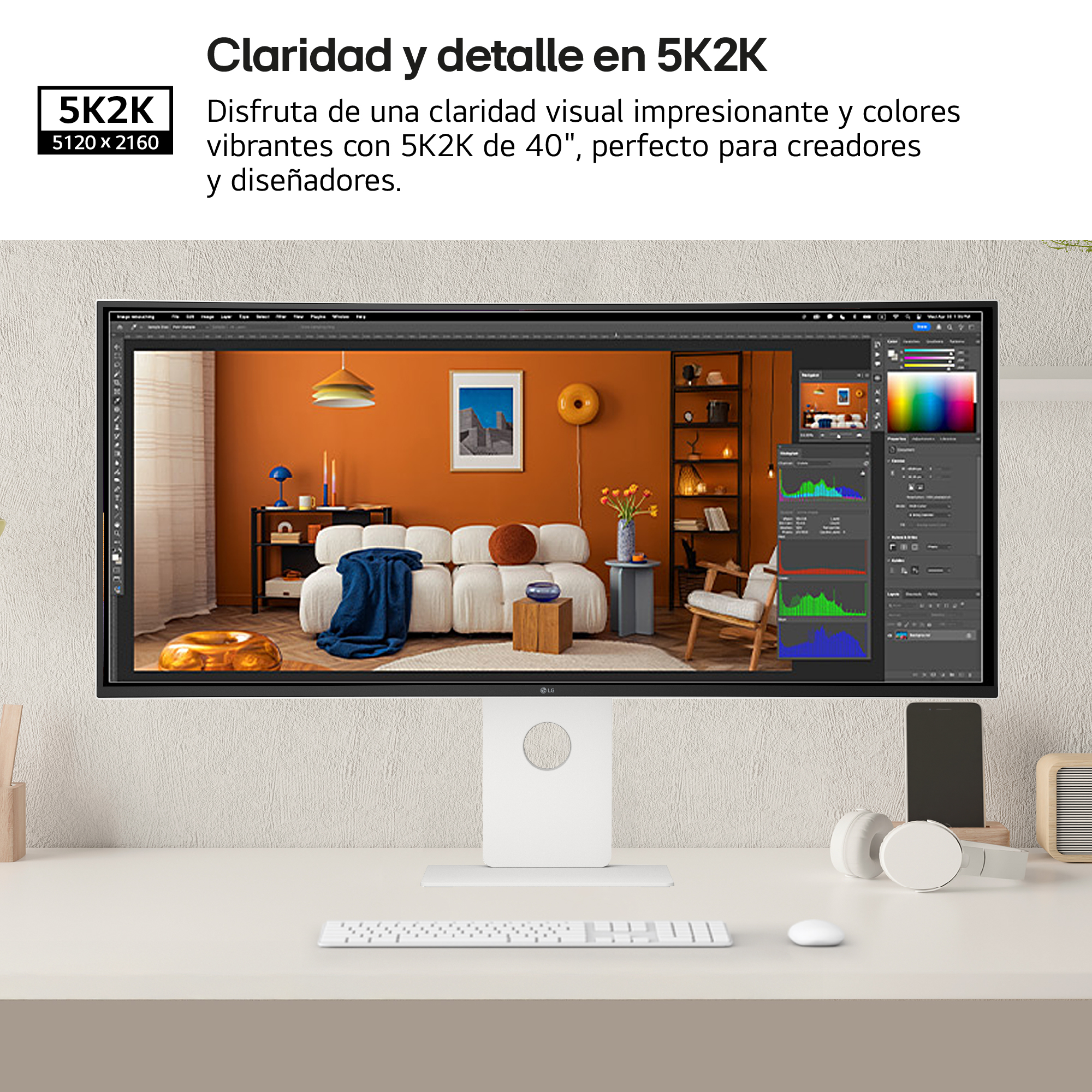 Un monitor 5K2K muestra una escena de habitación. Un teclado, auriculares y teléfono están en el escritorio.