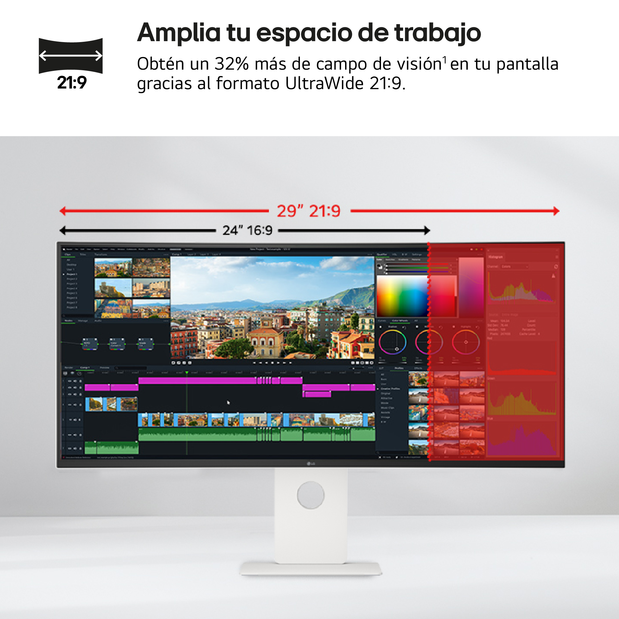 Un monitor UltraWide muestra una interfaz de edición de video. El texto resalta el formato 21:9 para una vista más amplia. Un soporte blanco sostiene la pantalla.