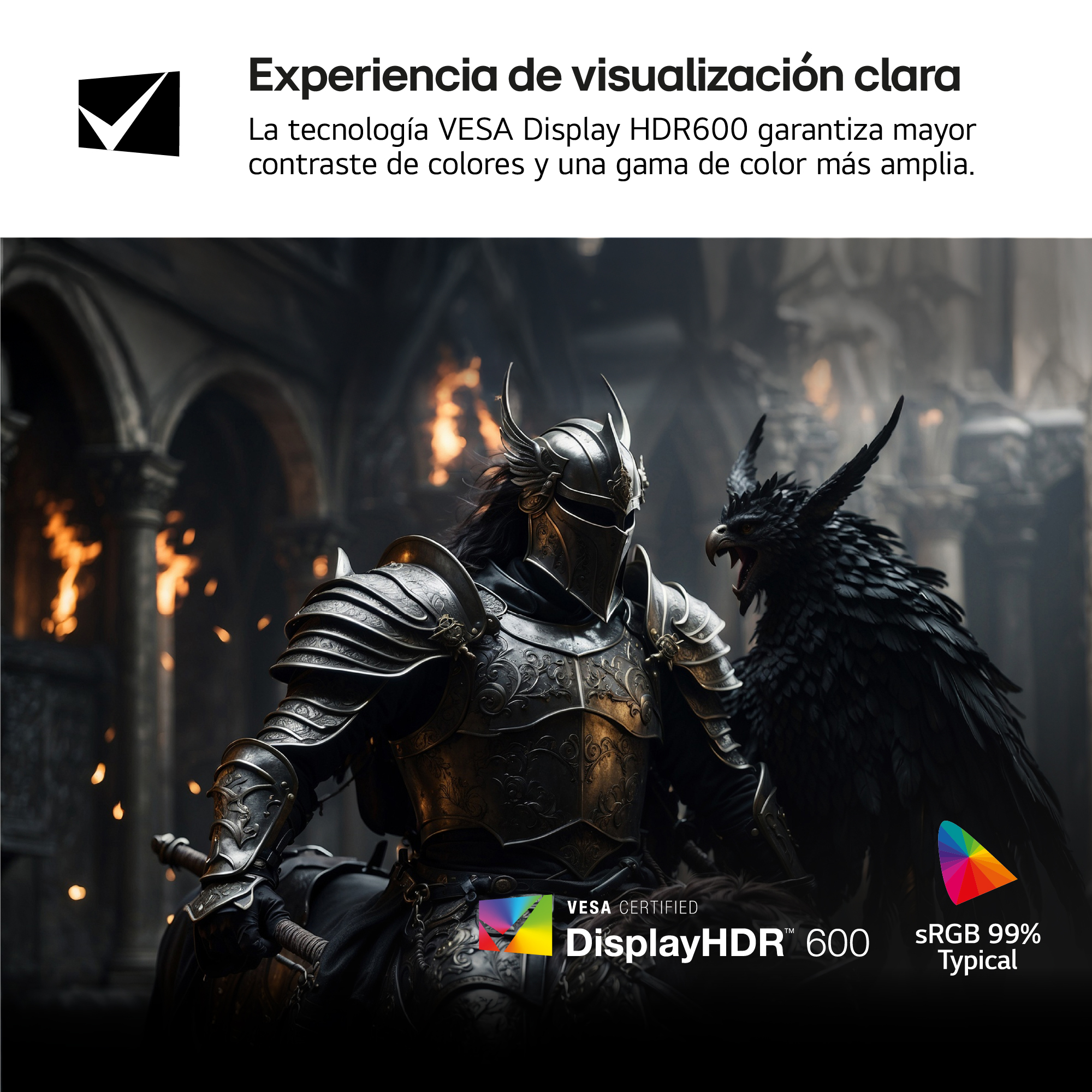 Un caballero con armadura ornamentada se enfrenta a un gran pájaro negro. El fondo muestra un ambiente gótico oscuro con fuego.