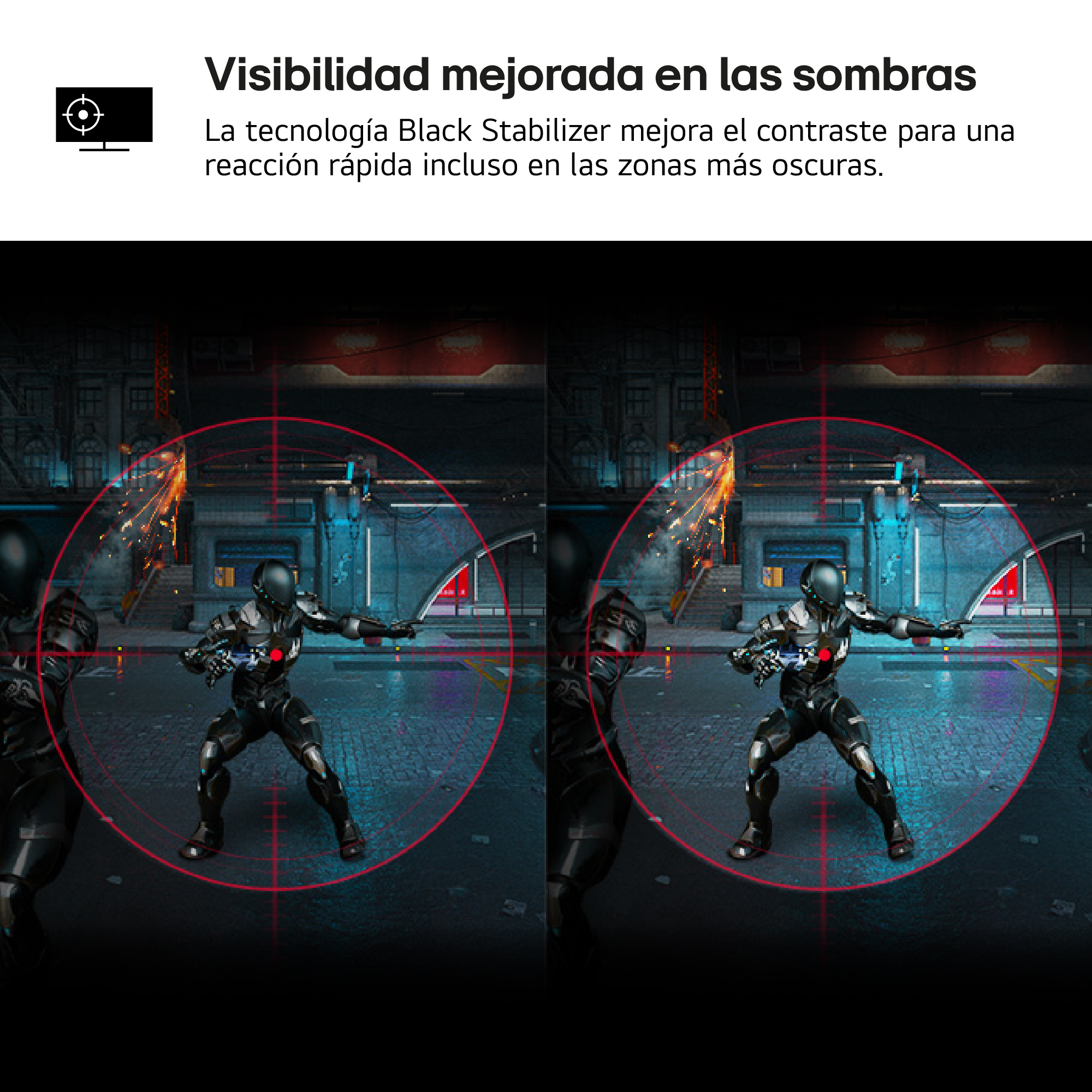 La imagen muestra dos figuras con armadura futurista dentro de una retícula roja, en un entorno oscuro.