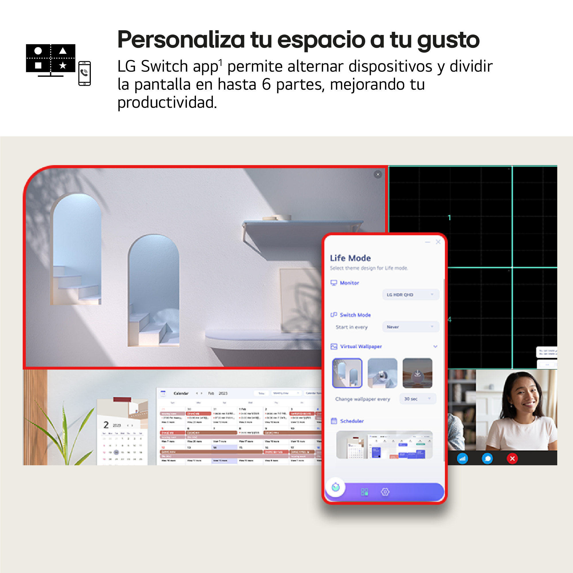 La imagen muestra un monitor, teléfono e interfaz de aplicación con calendario, videollamada y opciones de Modo Vida.