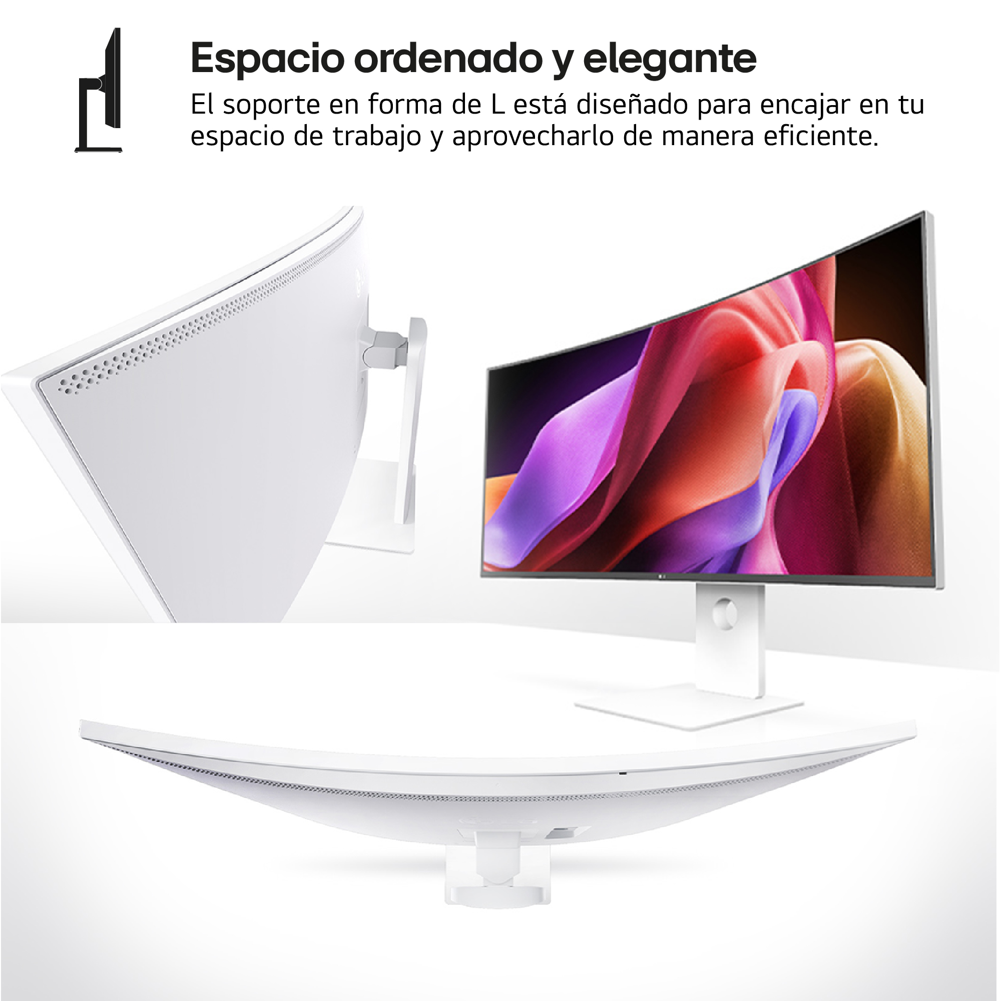 Un monitor curvo blanco con una pantalla colorida, sostenido por un soporte blanco. También se ve texto en español.