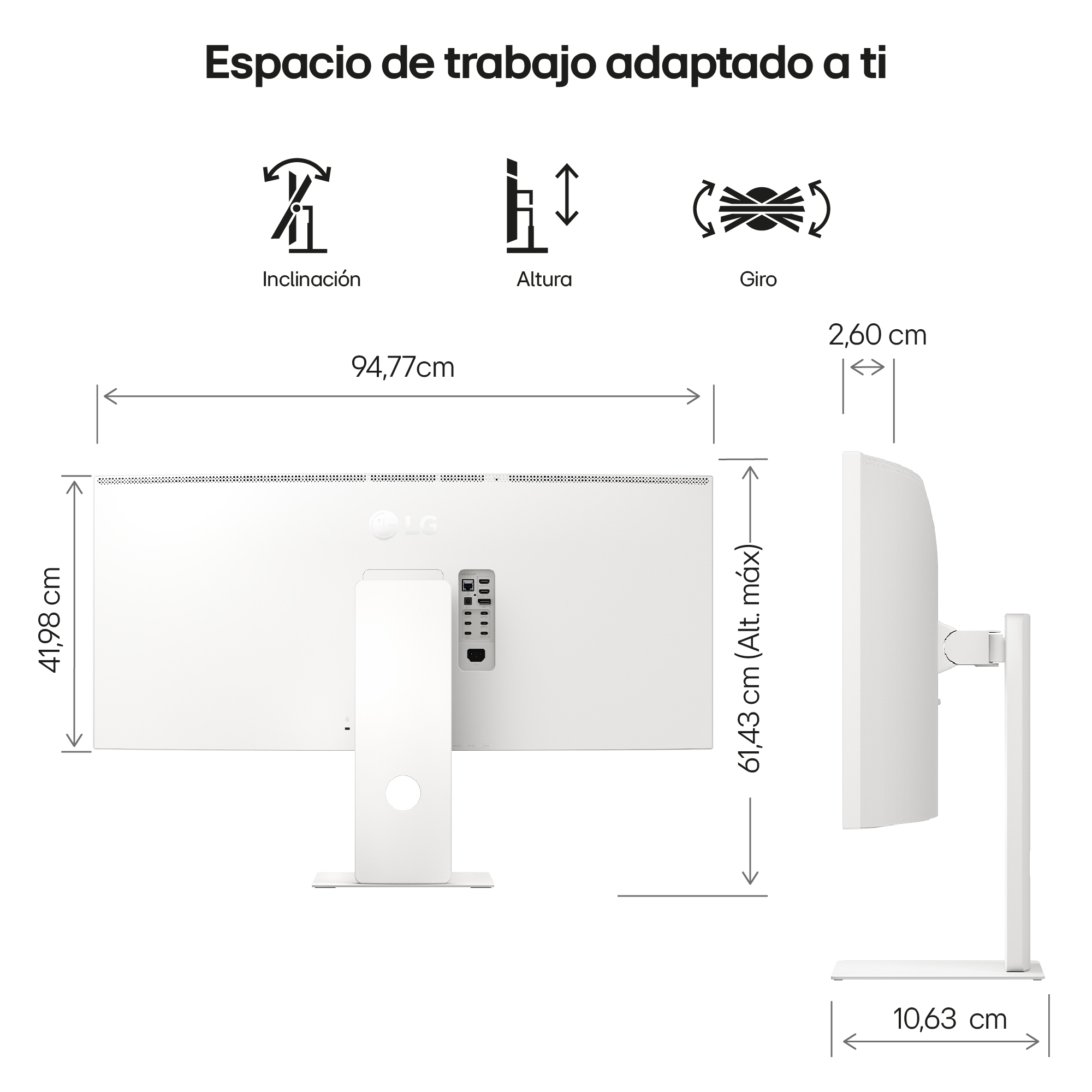Monitor LG blanco con dimensiones, iconos de inclinación, altura y rotación. Está sobre un soporte blanco con medidas.