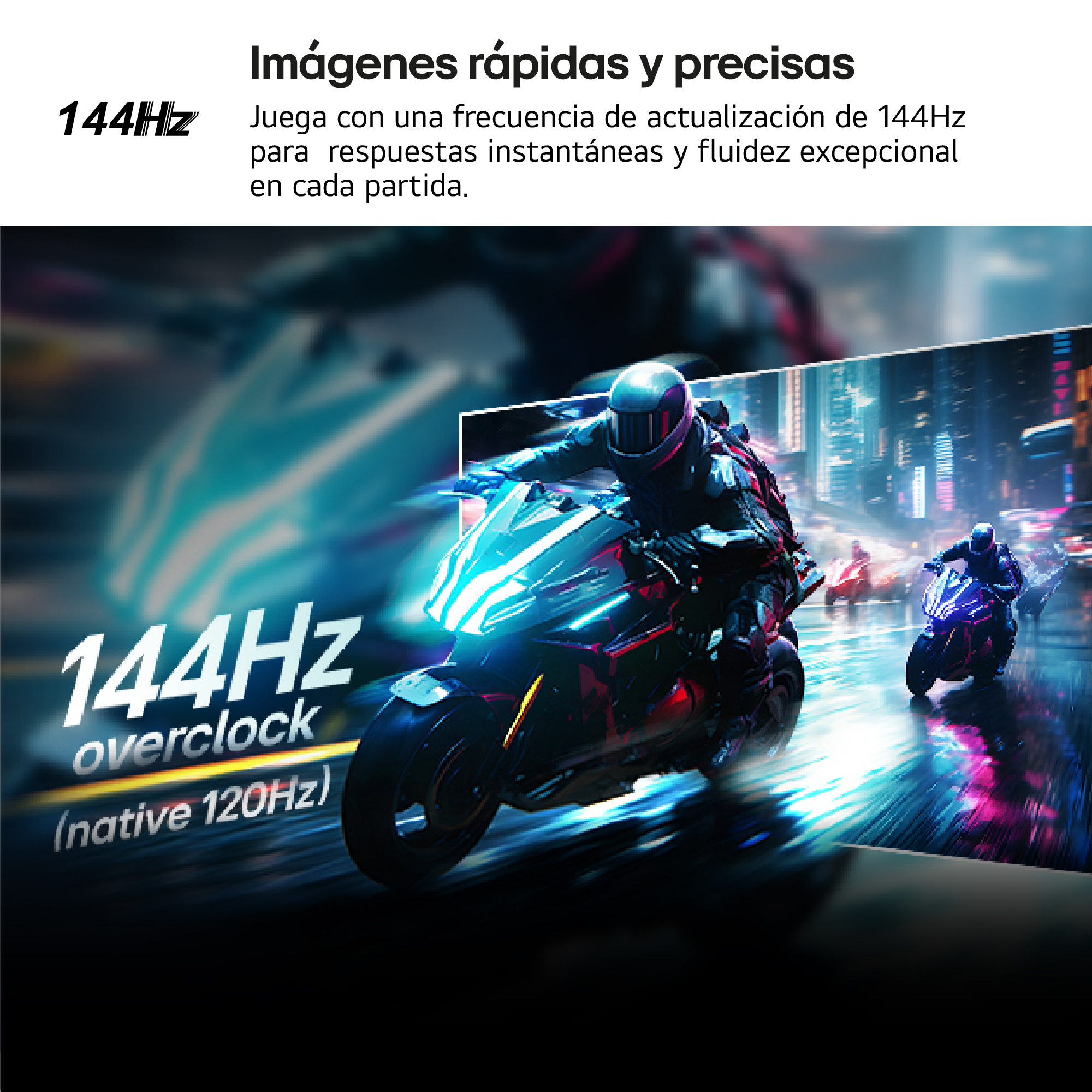 Imagen muestra motos futuristas compitiendo en ciudad neón, enfatizando velocidad y frecuencia de actualización de 144Hz.