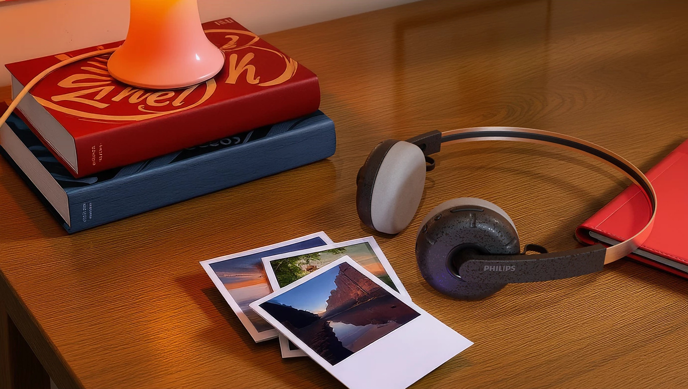 Scena na biurku: książki, lampa, słuchawki, zdjęcia i czerwony notatnik. Słuchawki znajdują się w pobliżu zdjęć z widokami krajobrazów.