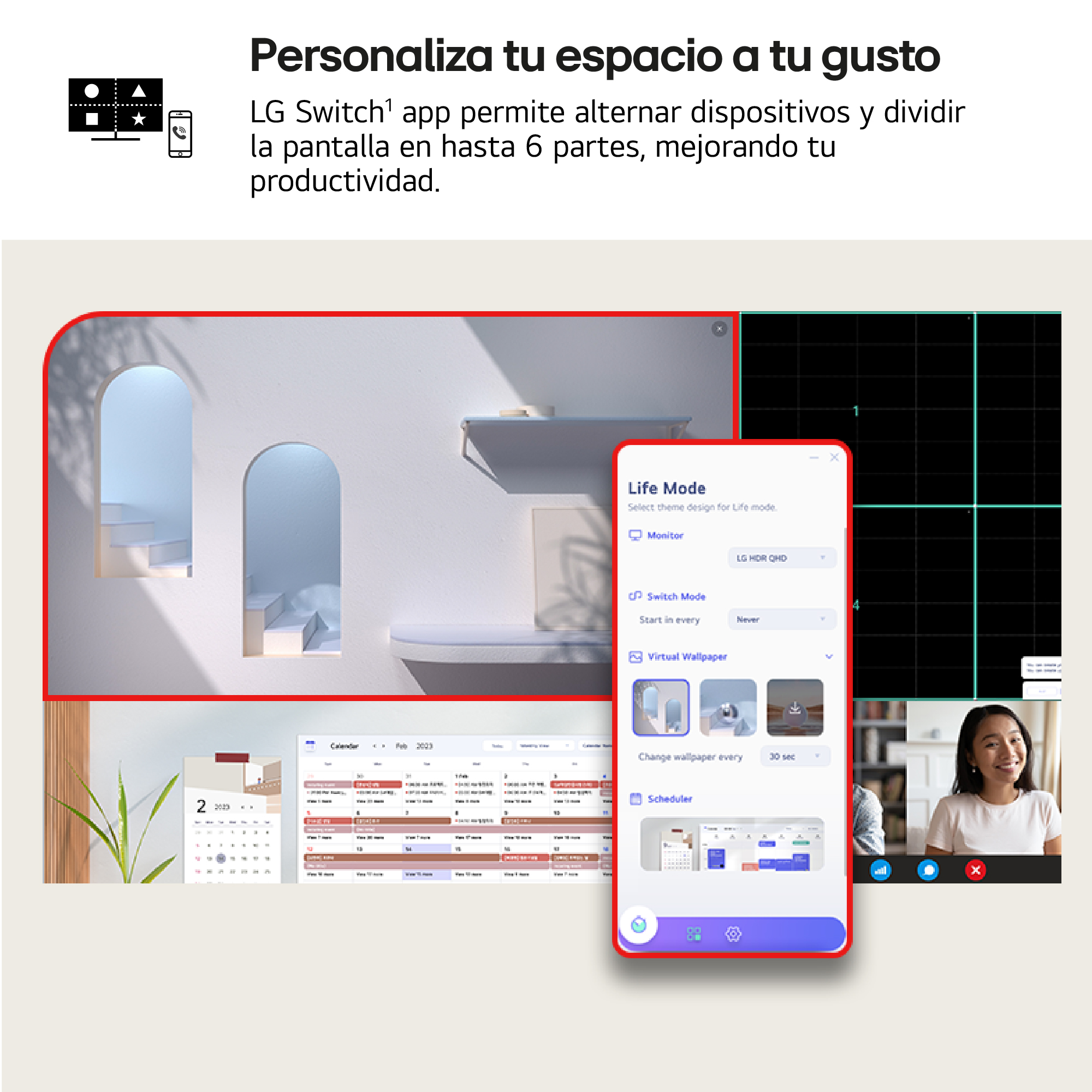 Imagen muestra la app LG Switch con funciones de pantalla dividida, calendario, videollamada y renders arquitectónicos.