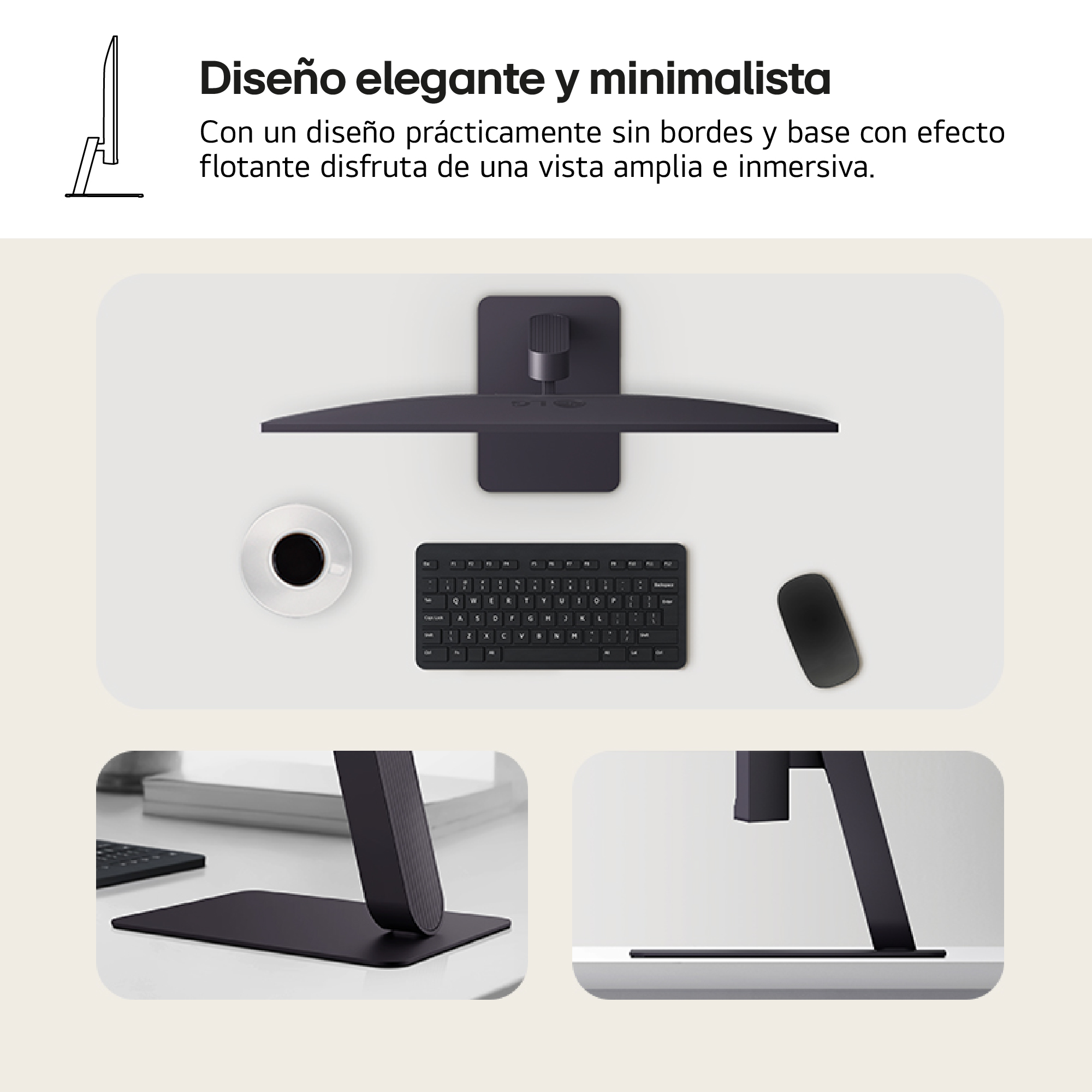 Vista superior de un escritorio con monitor, teclado, ratón y taza de café. Todos los elementos son negros.