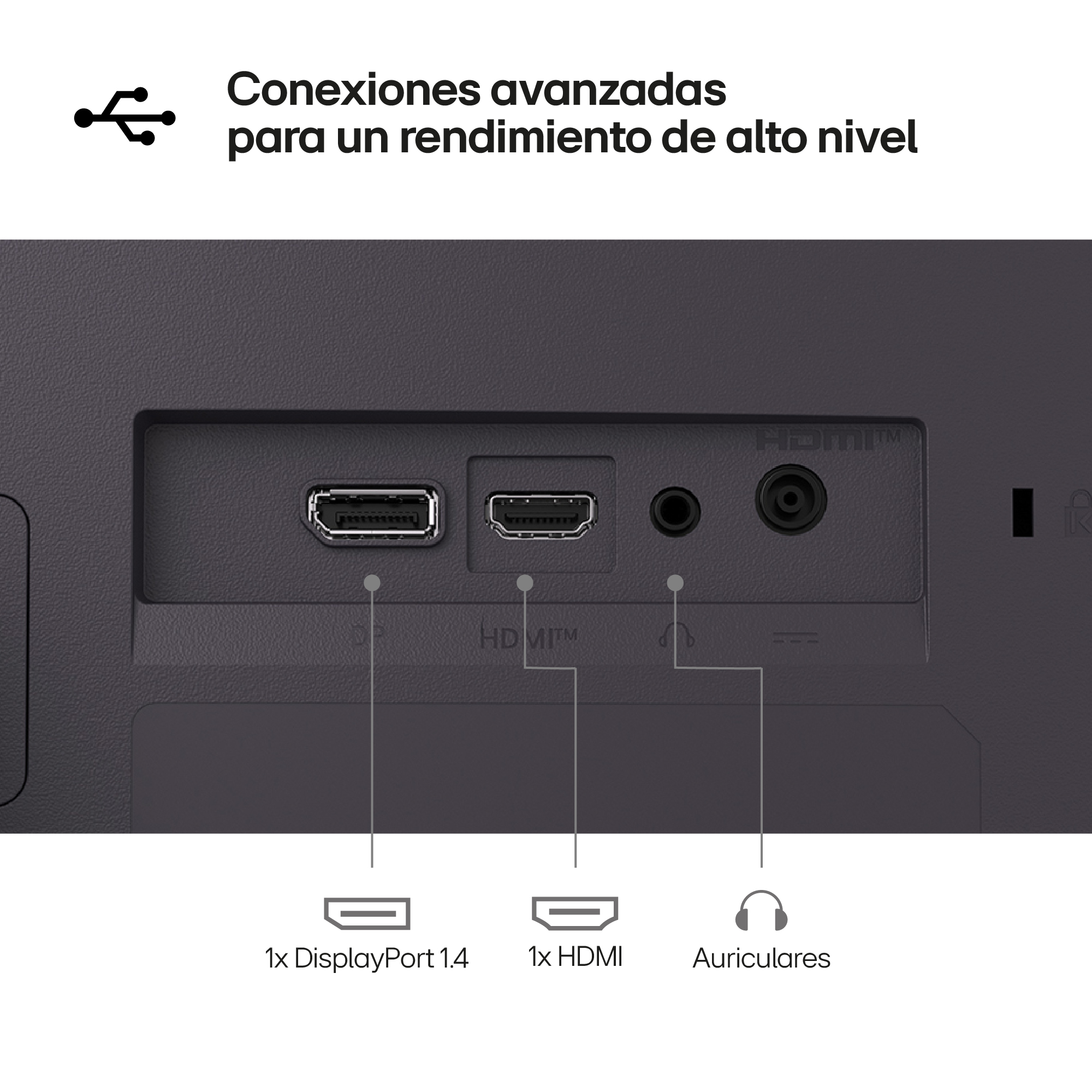 Primer plano de la parte trasera de un monitor. Muestra puertos DisplayPort, HDMI y auriculares. El texto superior dice conexiones avanzadas.