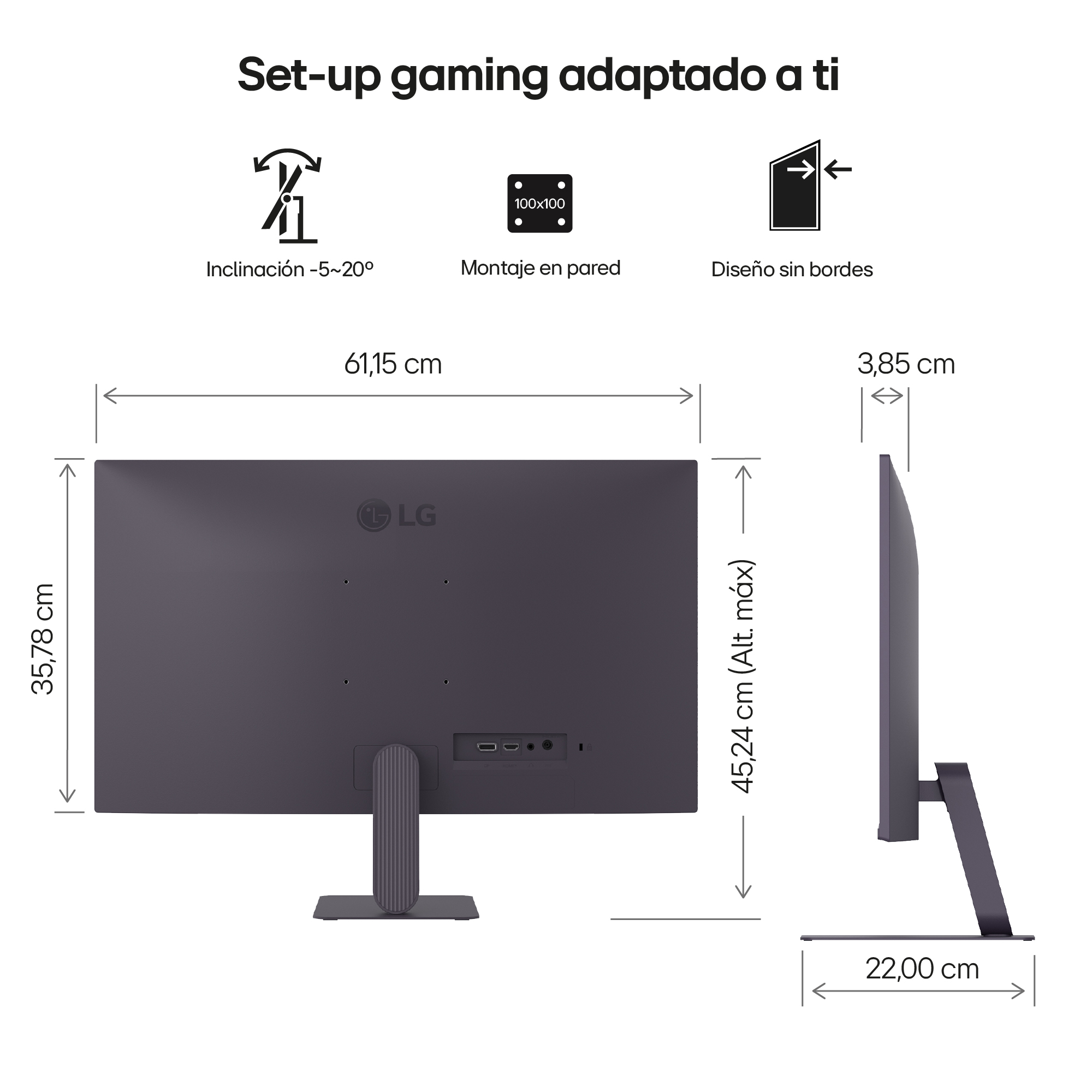 Un monitor de LG, se proporcionan las dimensiones. Tiene un soporte y es gris oscuro. Incluye inclinación y montaje en pared.
