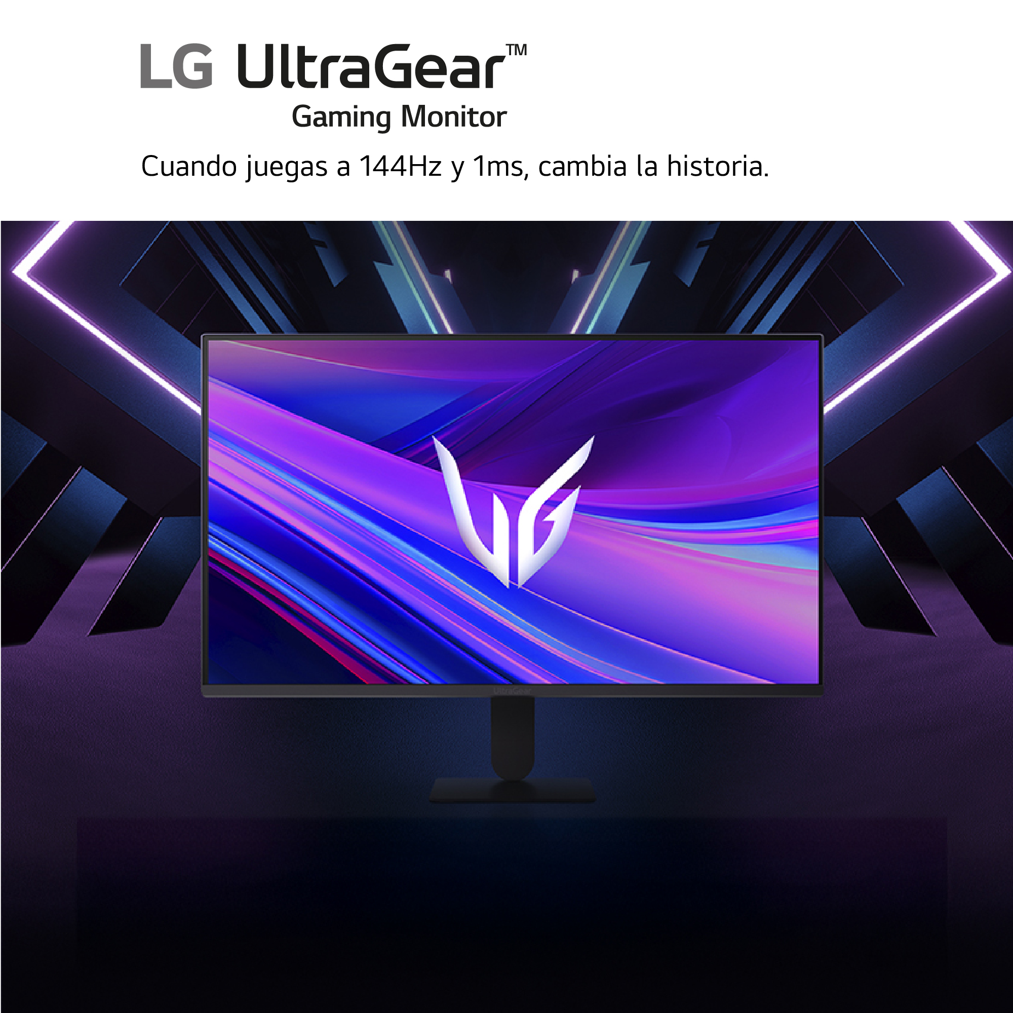 Monitor de juegos LG UltraGear. Una pantalla muestra una imagen abstracta púrpura, con el logo blanco de LG.