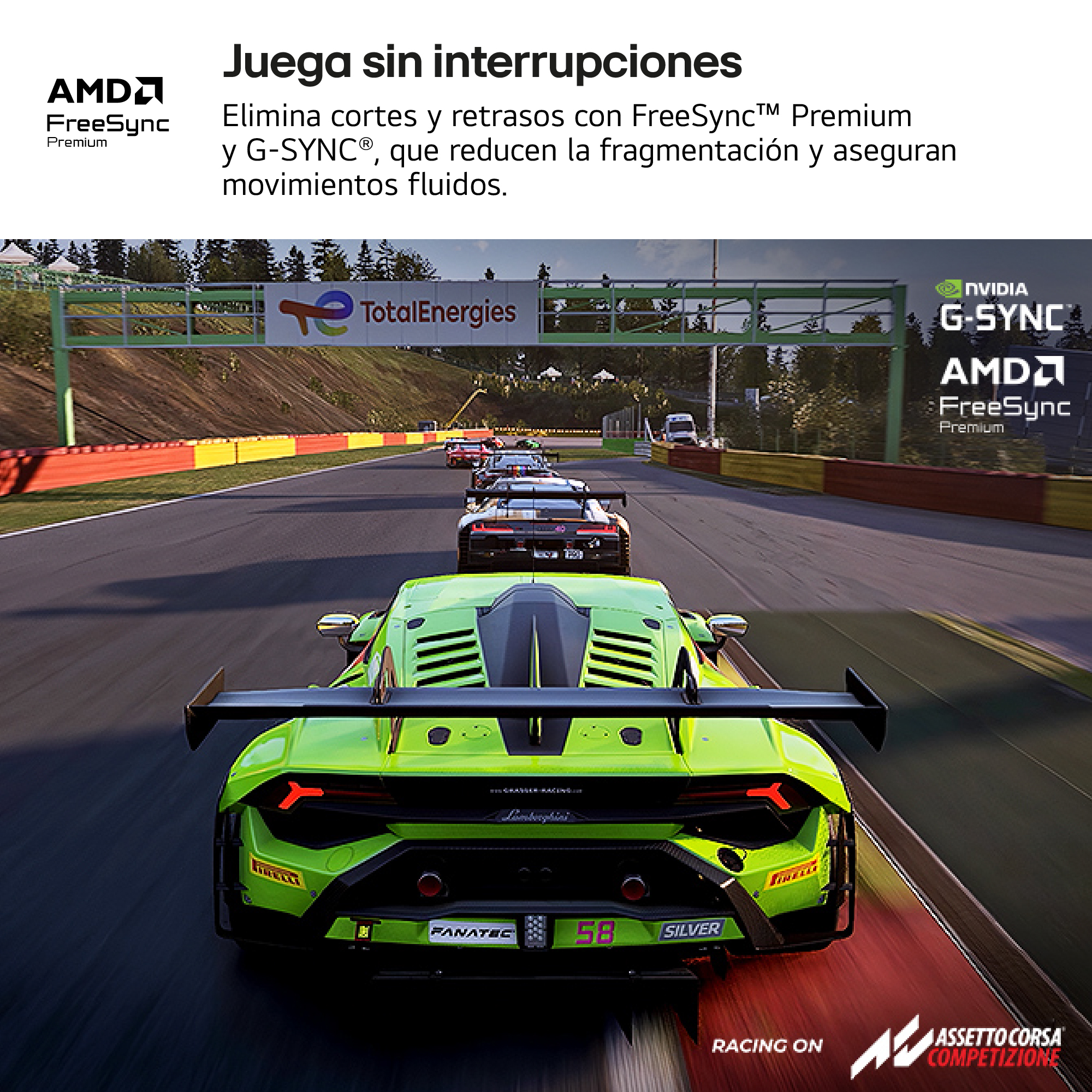 Un coche de carreras verde corre por una pista. Otros coches le siguen. Logos de AMD, NVIDIA y Assetto Corsa son visibles.