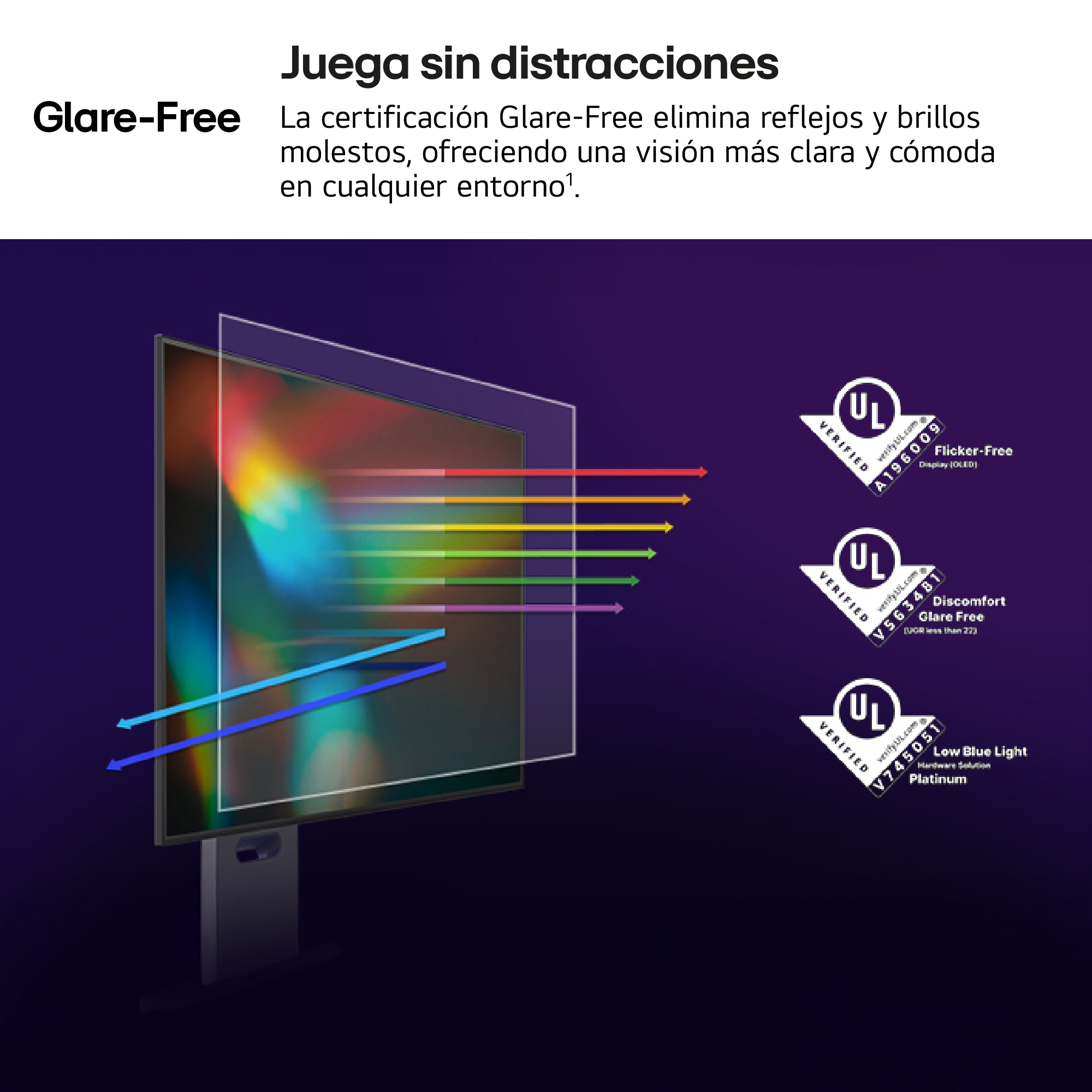 Monitor con haces de luz, logo Glare-Free y certificaciones UL sobre fondo morado.