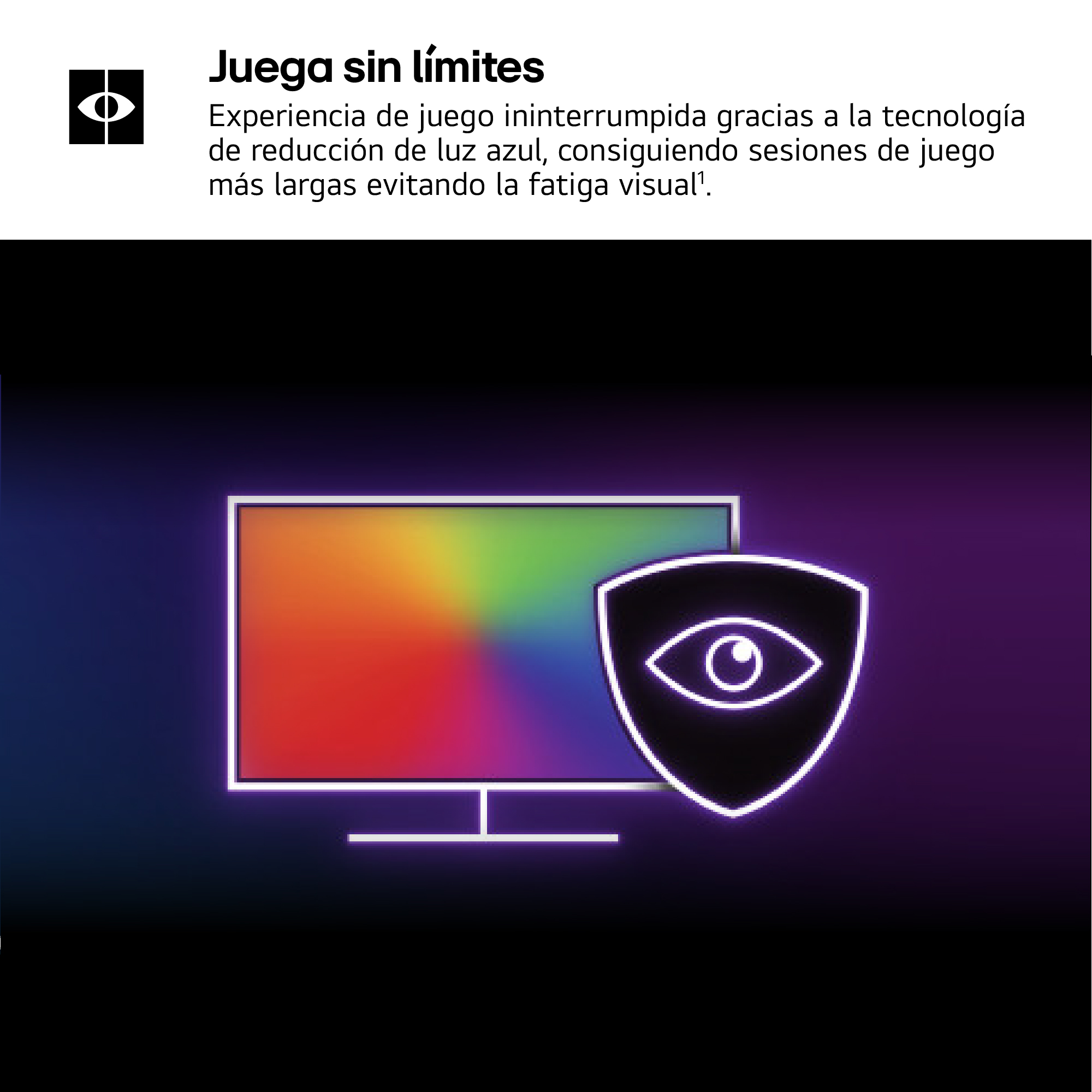 Un monitor con una pantalla con degradado arcoíris. Un icono de ojo en un escudo, todo sobre un fondo oscuro.