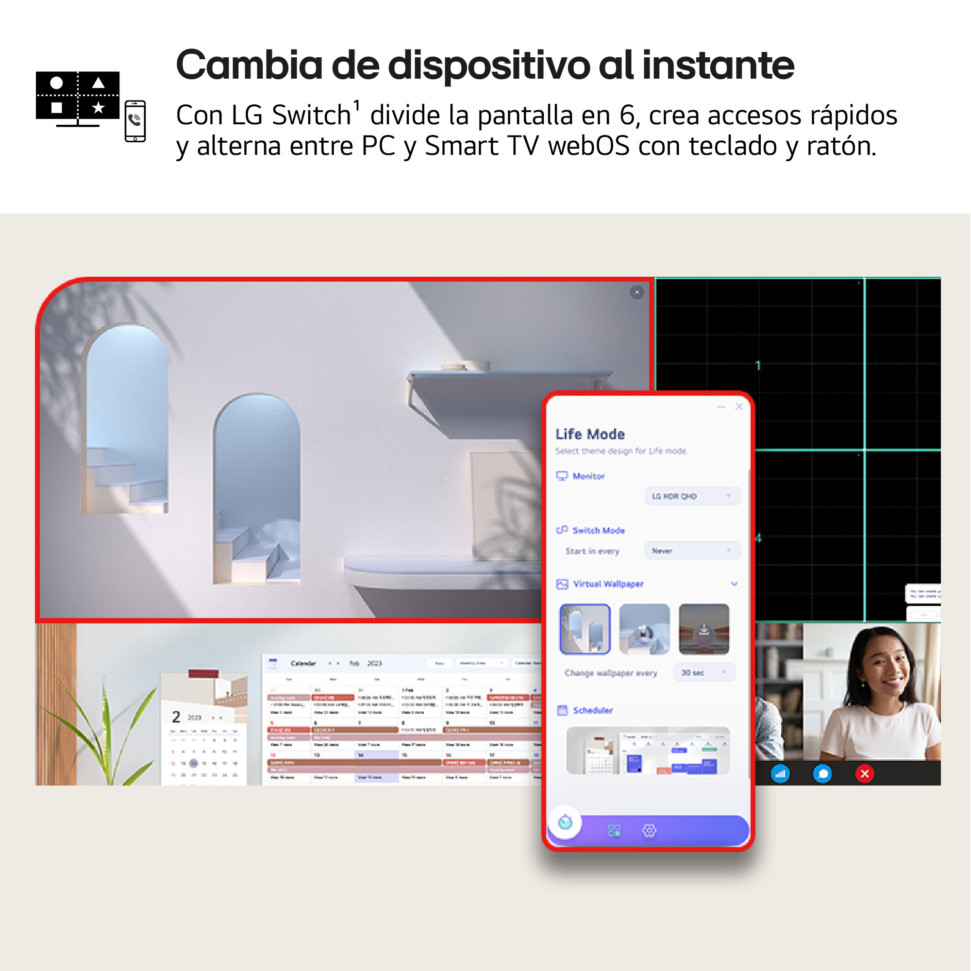 La imagen muestra las funciones de LG Switch. Incluye un calendario, videollamada y opciones de Life Mode.