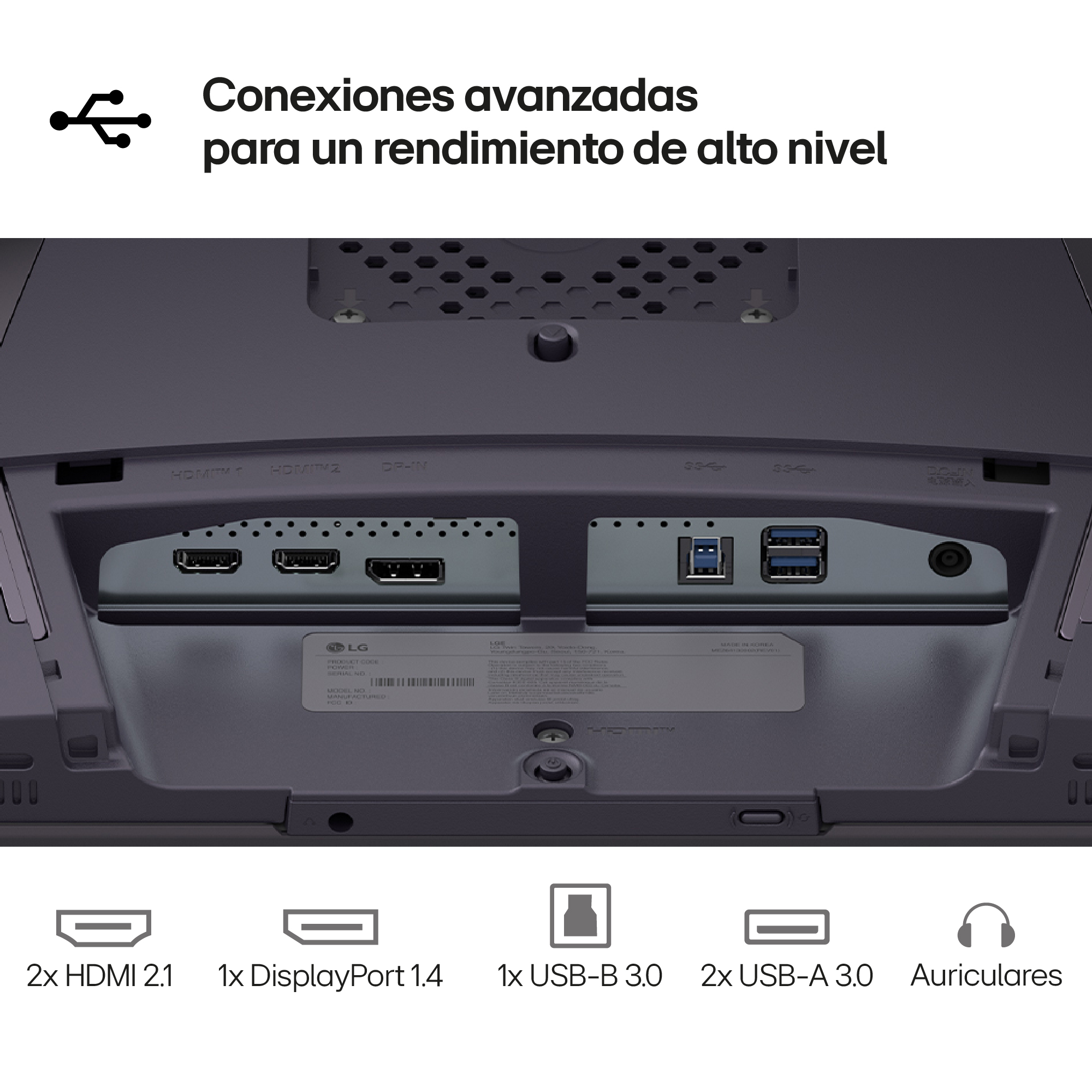 La parte trasera de un monitor con puertos: 2x HDMI, DisplayPort, USB-B, 2x USB-A y conector de auriculares. El logotipo de LG es visible.