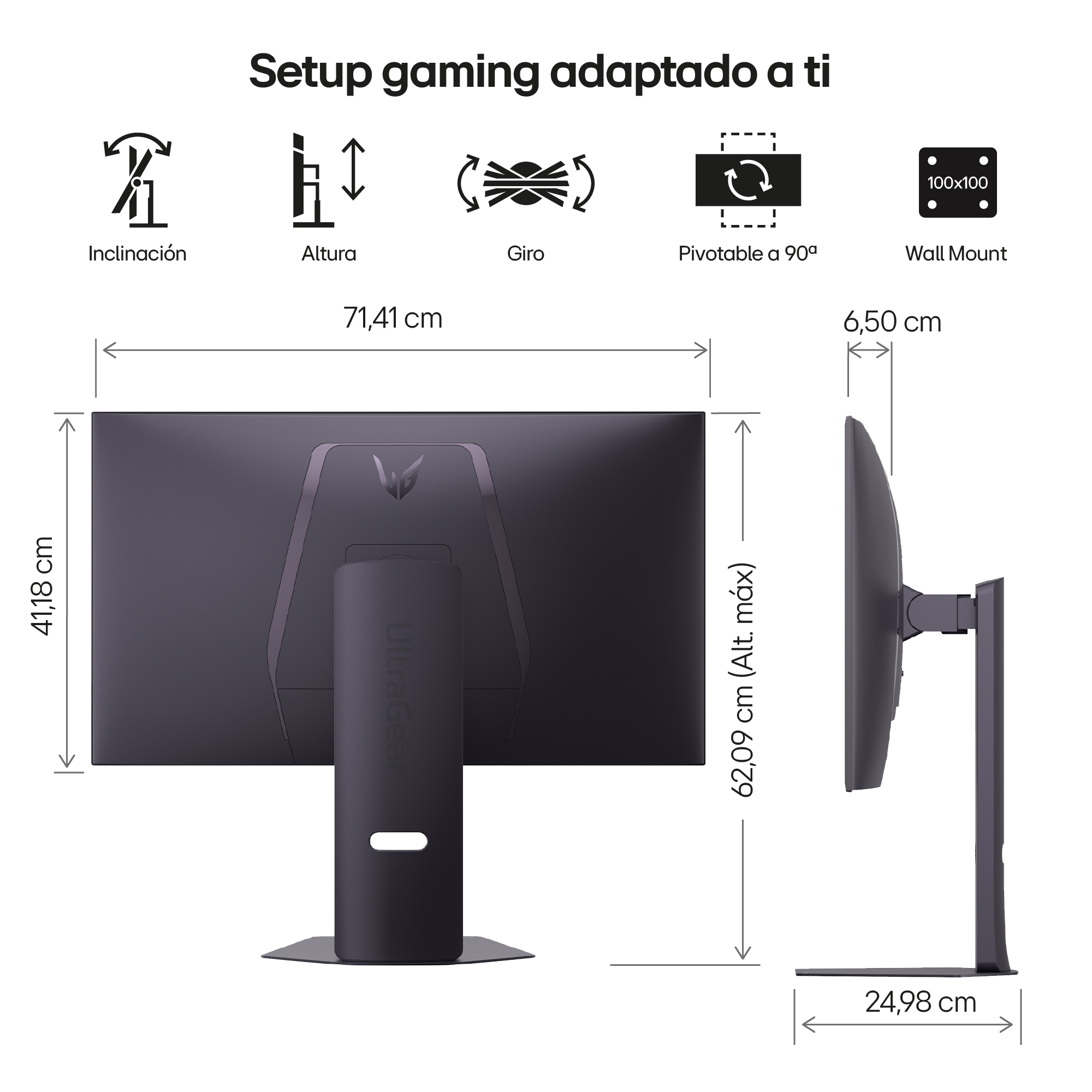 Monitor con dimensiones y funciones de ajuste. Los iconos muestran inclinación, altura, giro, pivote y opciones de montaje en pared.