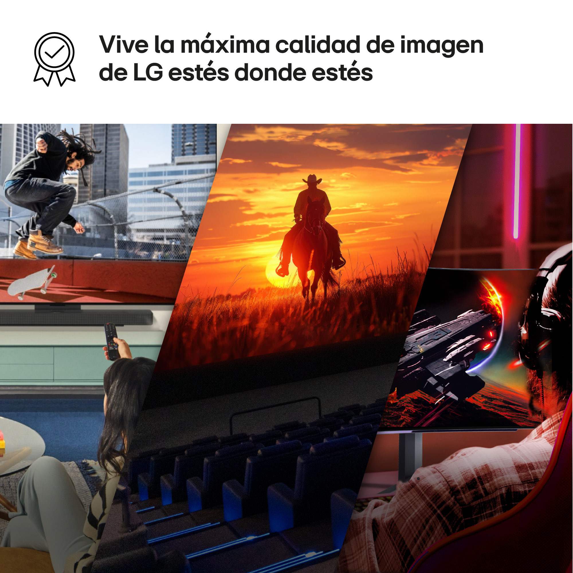 Montaje de imagen: Skater, vaquero al atardecer, jugador, mujer con mando, interior de cine y logo LG.