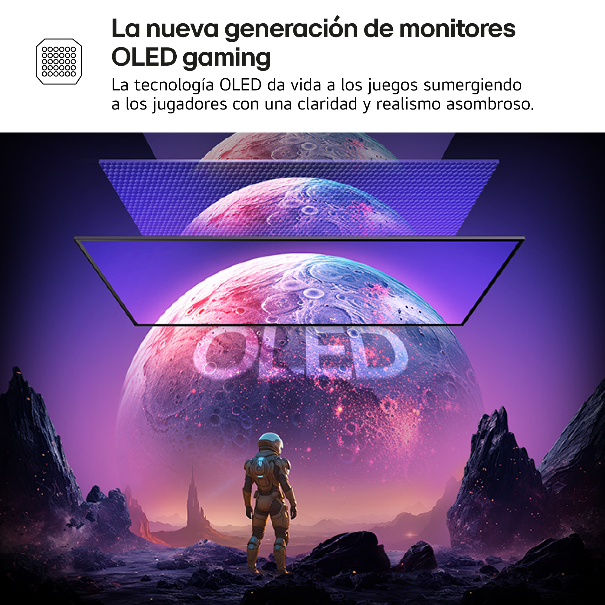 Un astronauta frente a una pantalla planetaria. La escena es futurista con montañas y un cielo brillante.