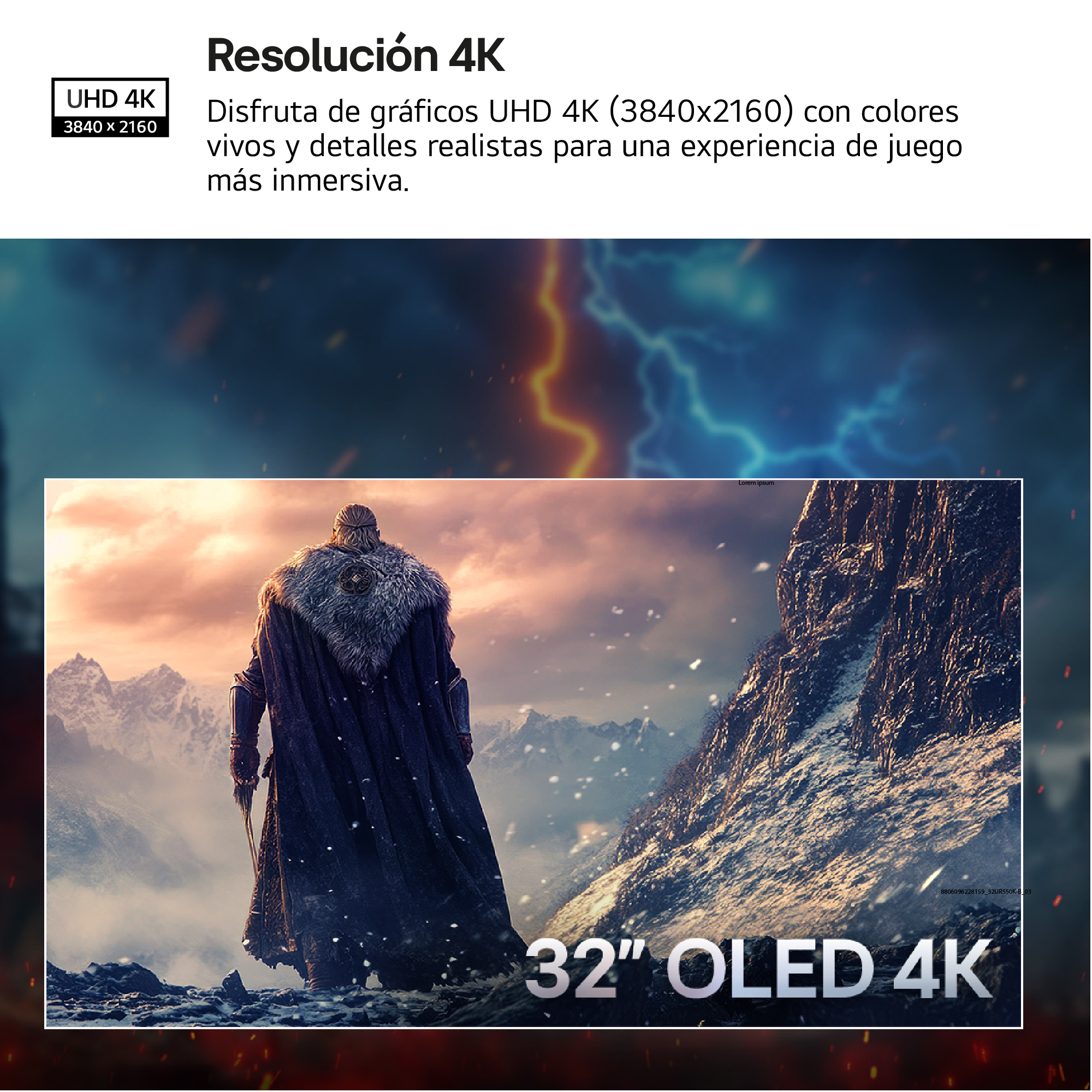 Un guerrero frente a montañas, una pantalla muestra 32" OLED 4K. Texto: UHD 4K, Resolución 4K.