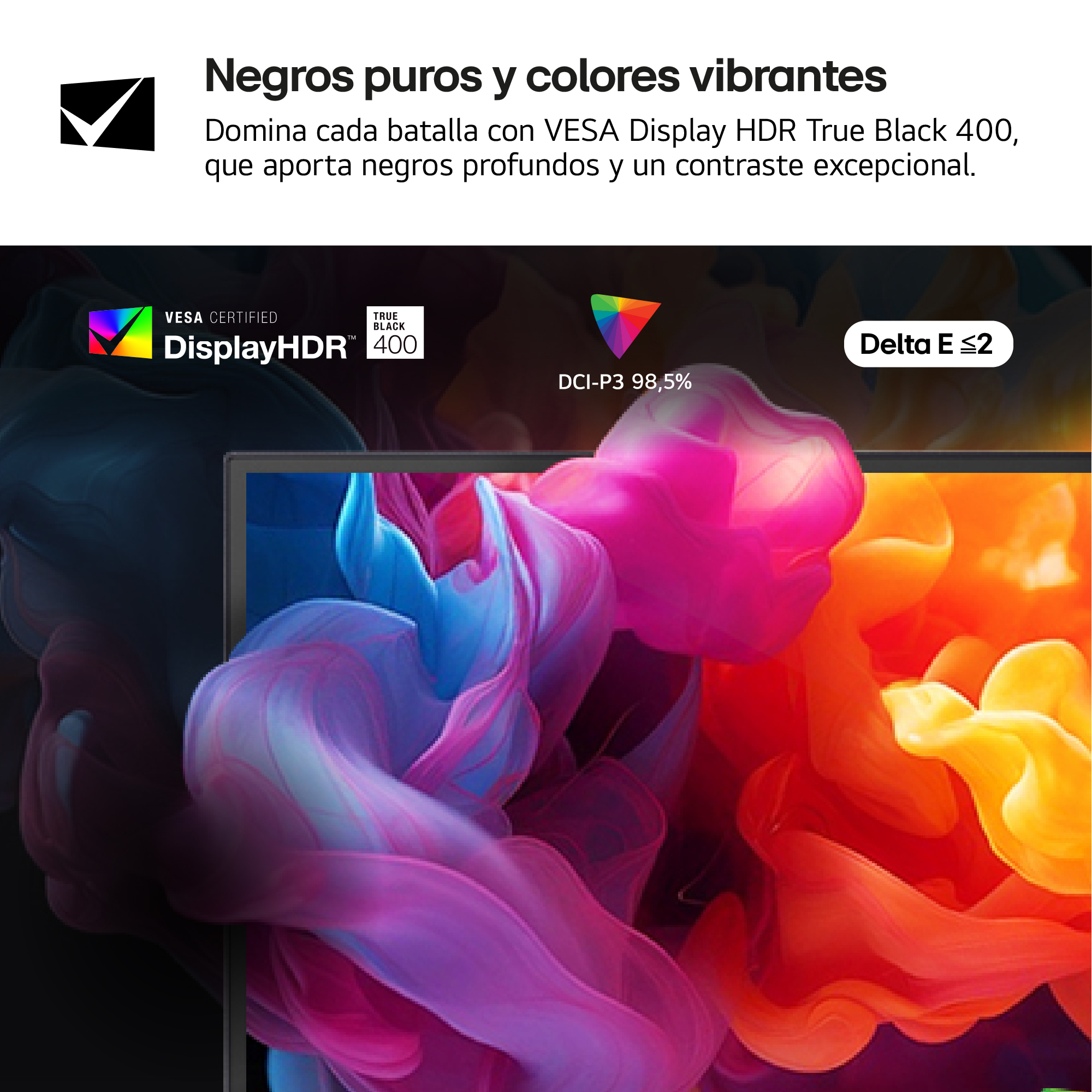 La imagen presenta un monitor con formas abstractas coloridas y texto sobre tecnología de pantalla. Destaca negros profundos y contraste.