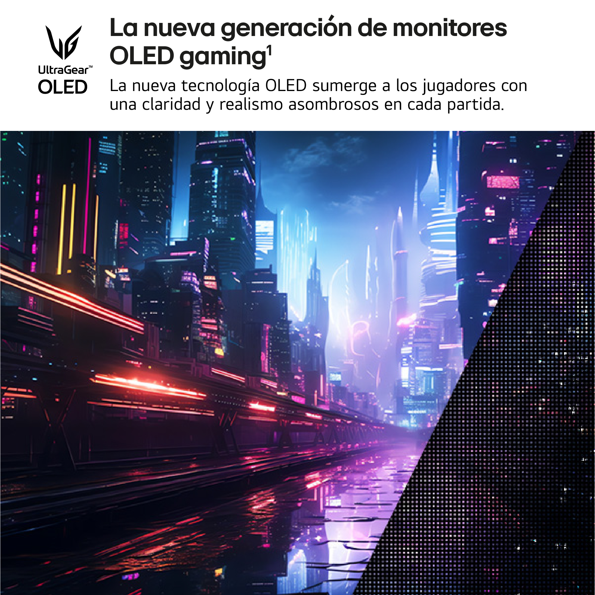 Una futurista ciudad con luces de neón se refleja en una superficie húmeda, una pantalla de juego a la derecha.