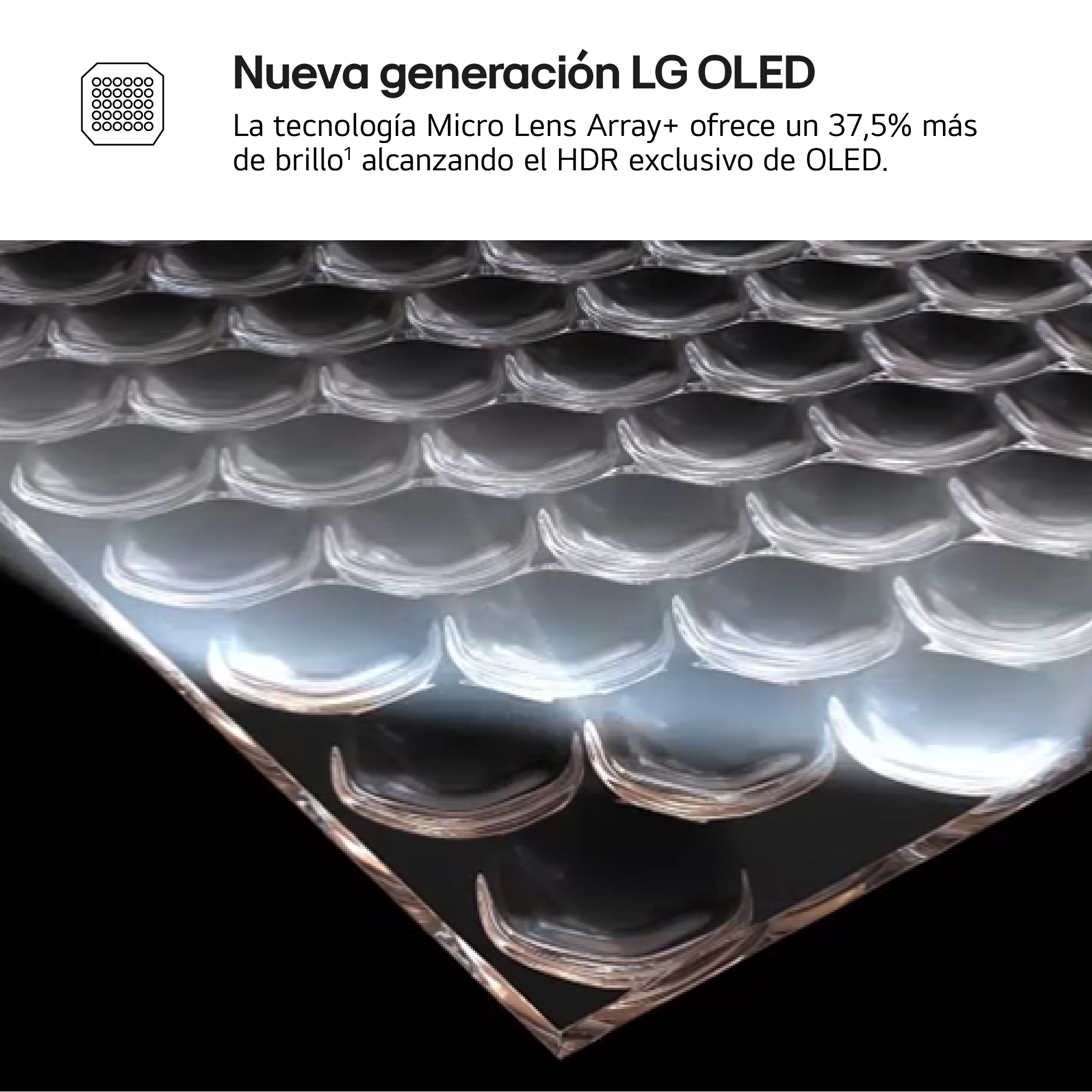 Primer plano de una pantalla con un patrón repetitivo de lentes pequeñas y curvadas, reflejando la luz. Texto arriba.