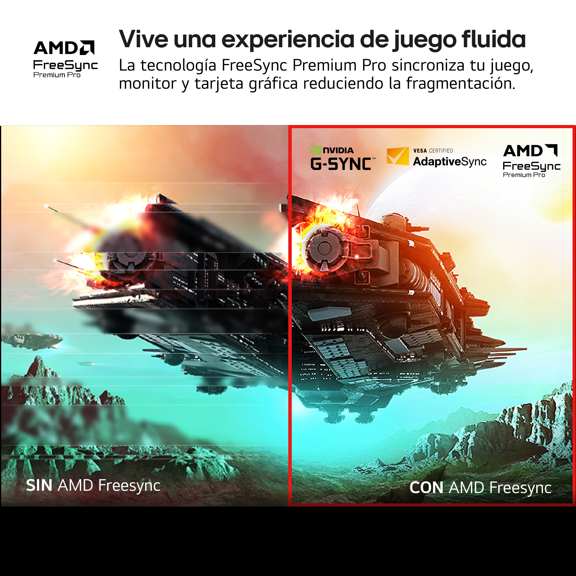Imagen que muestra dos naves espaciales, con y sin AMD FreeSync. El texto explica los beneficios de la tecnología.