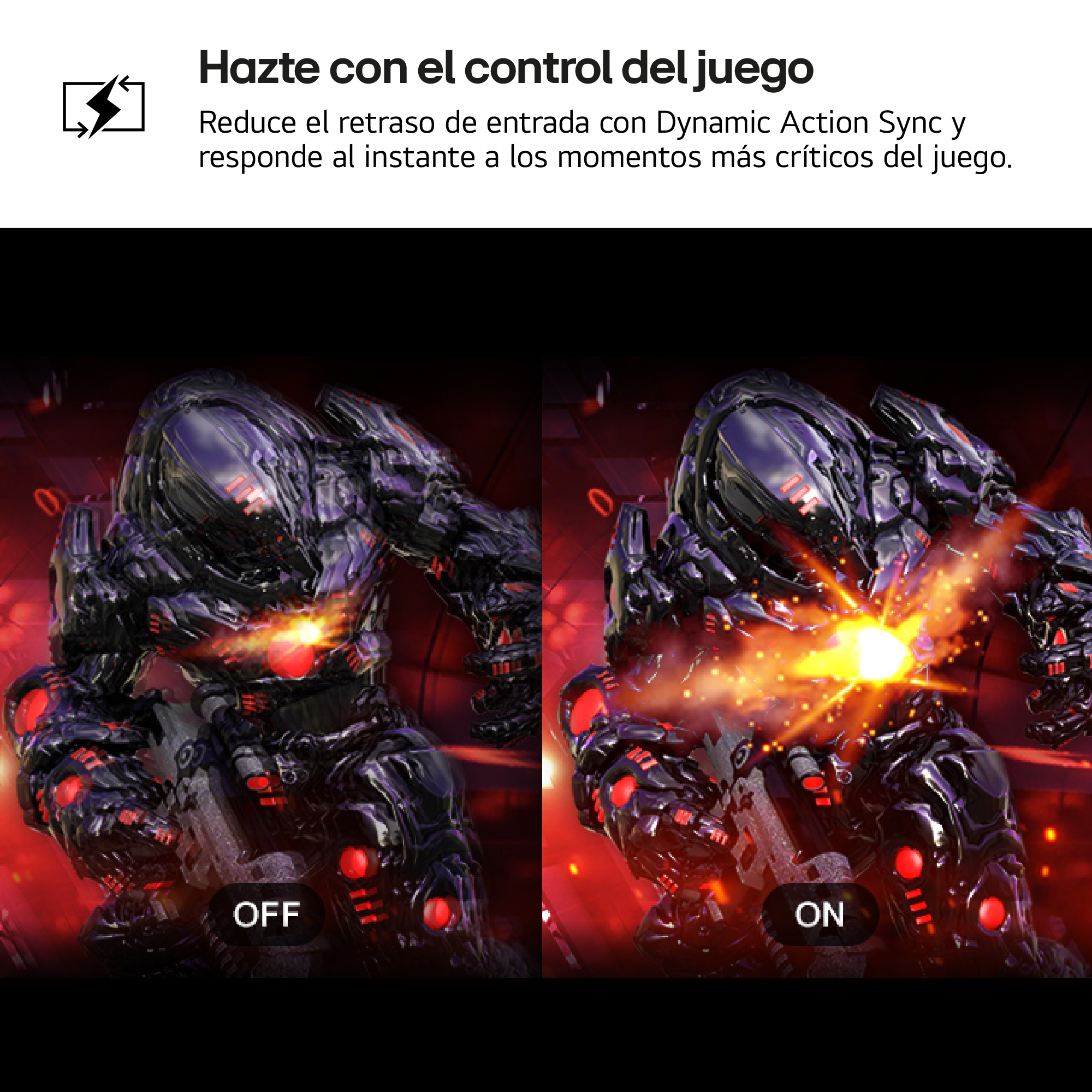 La imagen muestra dos robots, uno con 'OFF', otro con 'ON'. Ambos tienen luces rojas y están en un entorno rojo.