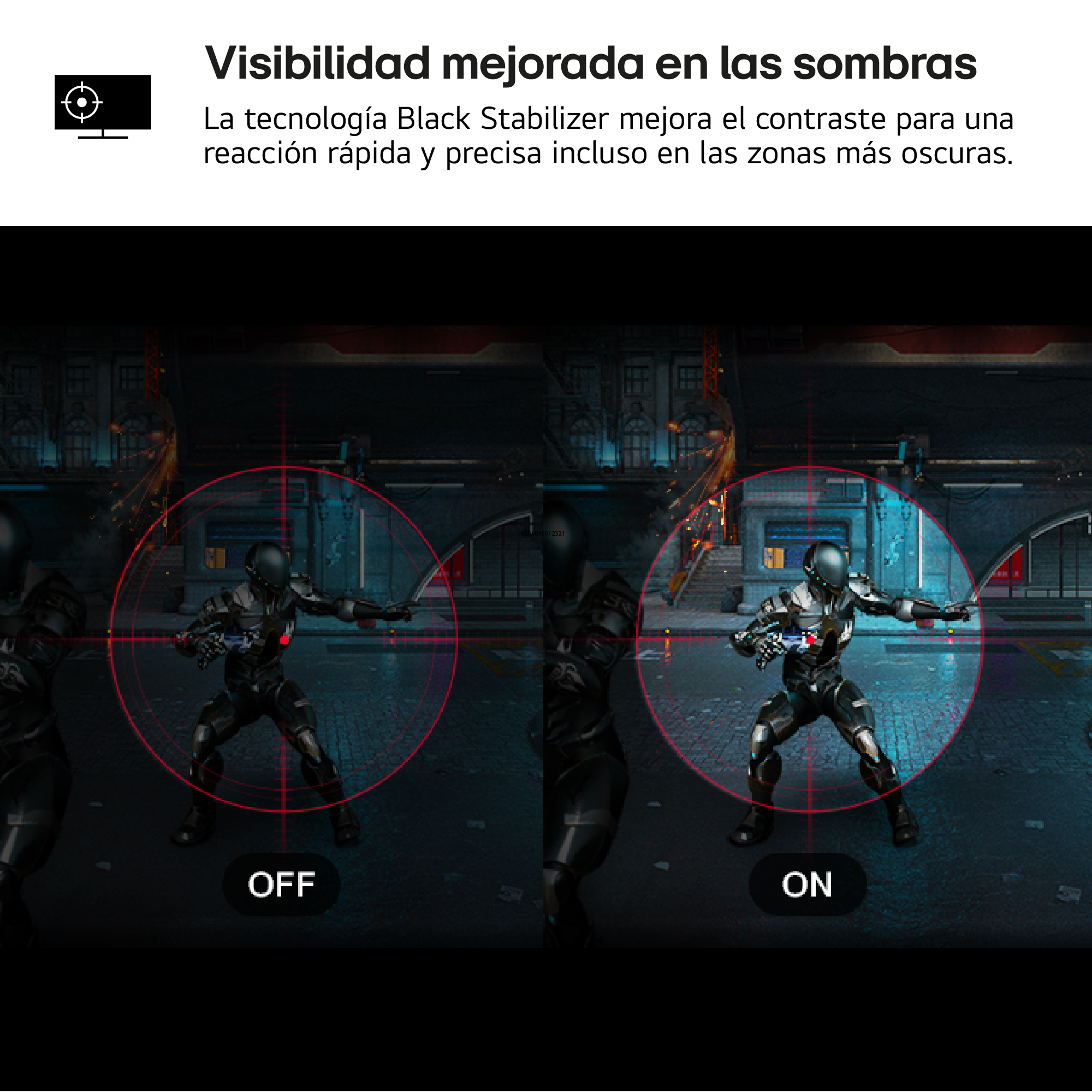 Imagen muestra vistas 'OFF' y 'ON'. Soldados en trajes oscuros son apuntados con una mira roja, resaltando la mejora de contraste.