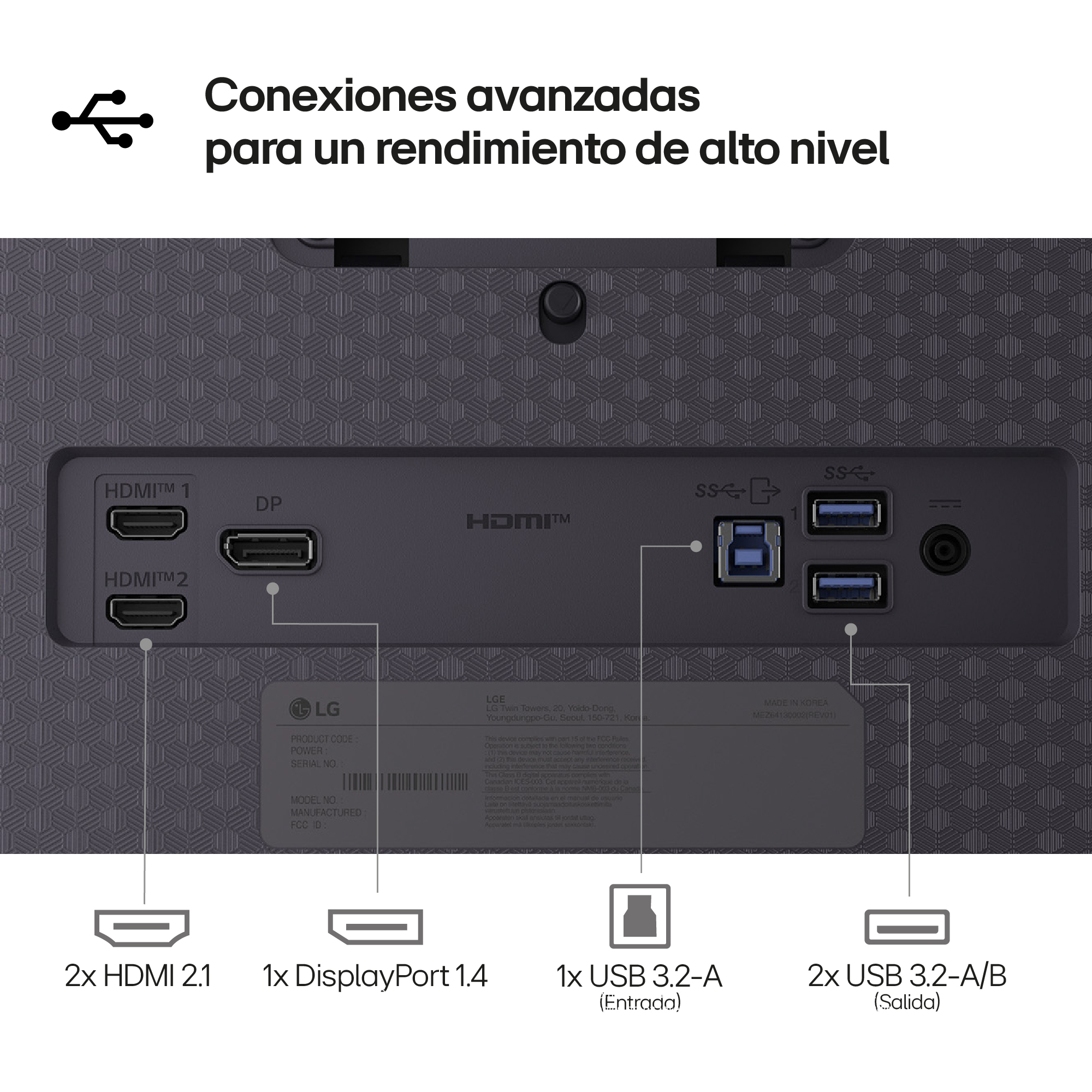 Primer plano de puertos de monitor: HDMI, DisplayPort, USB. Texto en español: Conexiones avanzadas para alto rendimiento.
