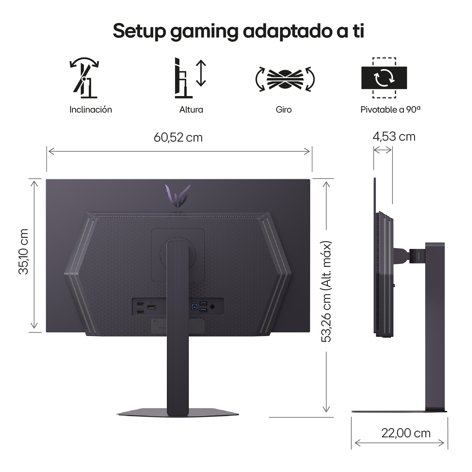 Monitor con dimensiones y opciones de ajuste, incluyendo inclinación, altura, giro y giro a 90 grados. Color gris oscuro.