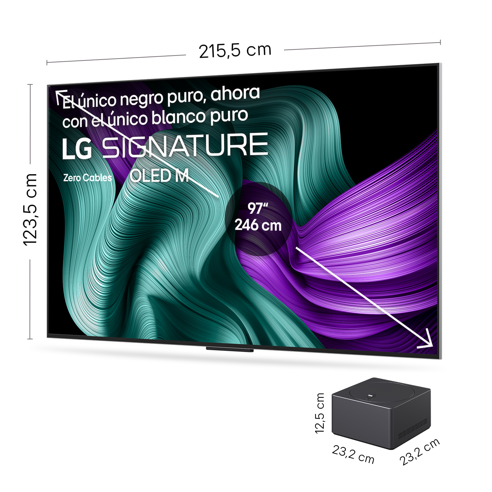 Gran televisor LG Signature OLED. Superposición de texto, dimensiones y caja negra separada. Fondo con remolinos turquesa y morado.